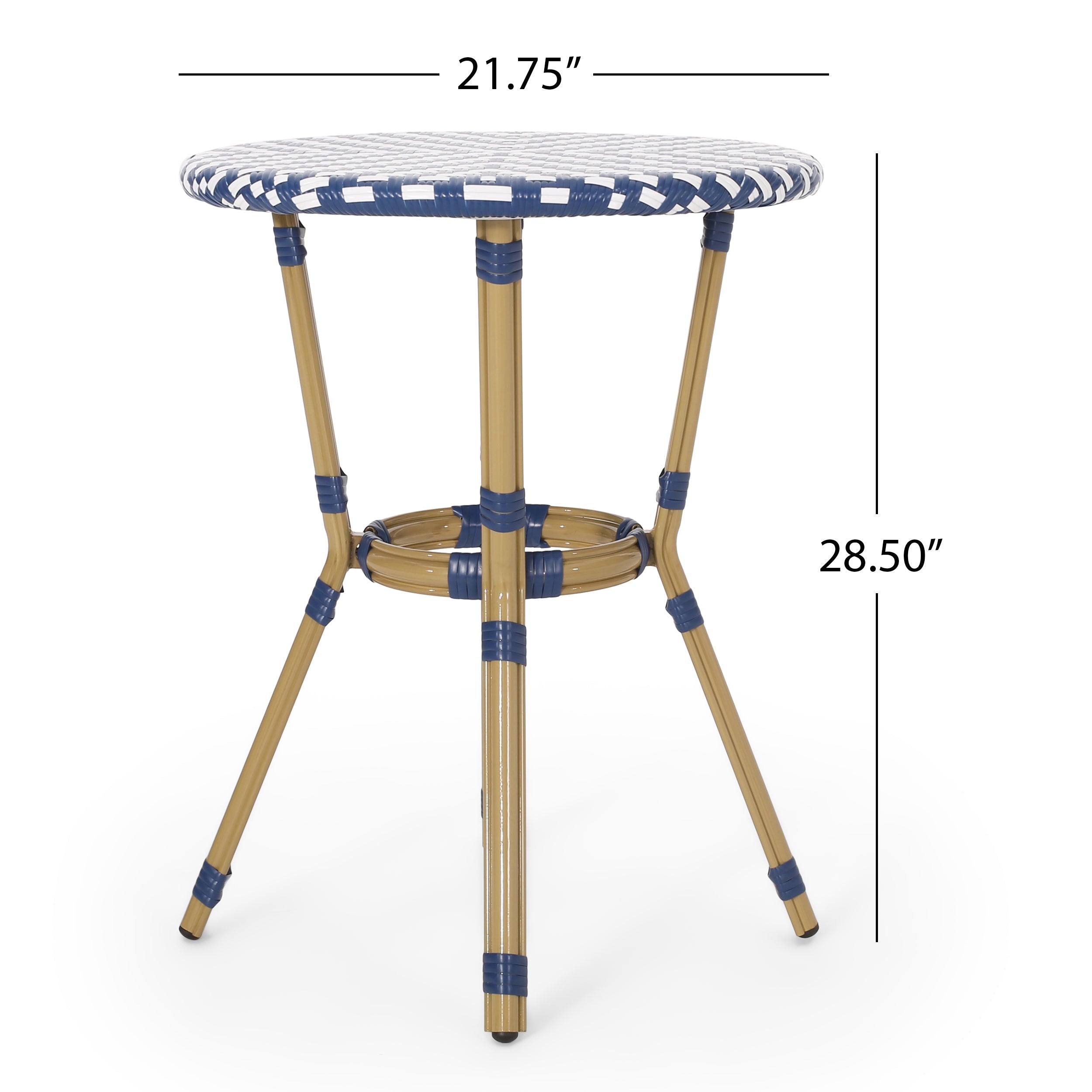 French Bistro Table Outdoor Elegance White+Blue Rattan 21.75x21.75x28.50 inches