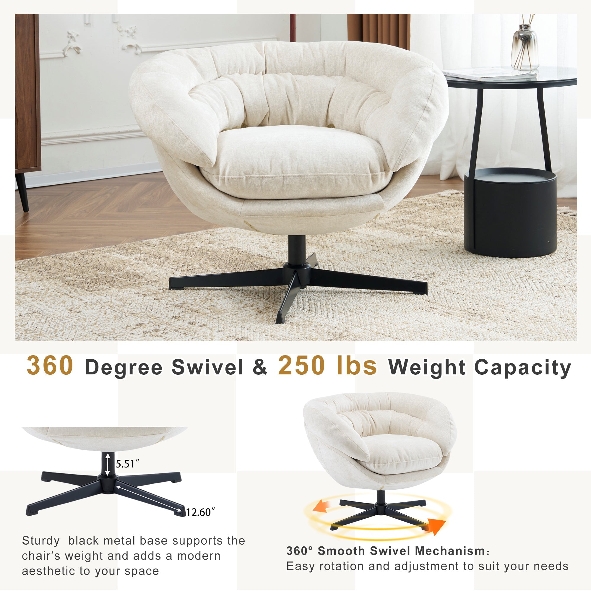Modern Chenille Office Chair, 360° Swivel Club Chair/Accent Chair with Removable Cushion, Round Office Chair, Black Metal Base, Cotton Material, Living Room, Bedroom, Reading Corner, Office (Beige)