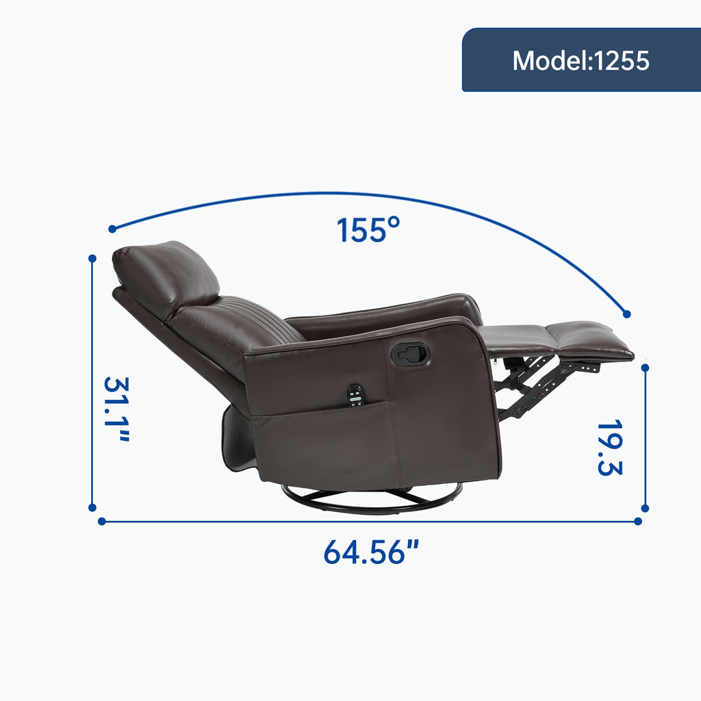 Brown Faux Leather Heat Massage Manual Recliner Chair with Rocker and Swivel for Living Room