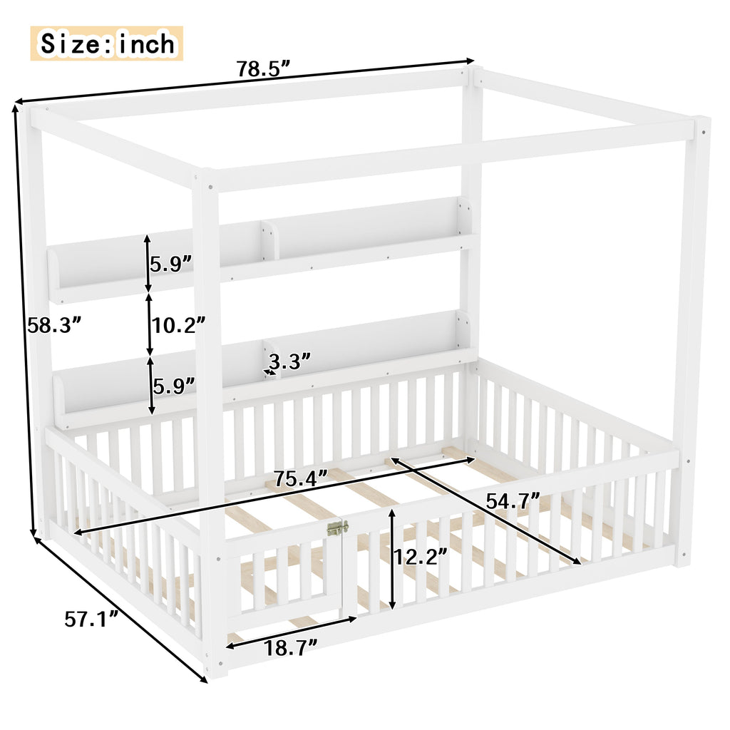 Full Size Canopy Bed with Guardrails, Solid Wood Floor Bed with Shelves, Montessori Floor Bed Frame for Kids, Boys, Girls, No Spring Box Needed, White