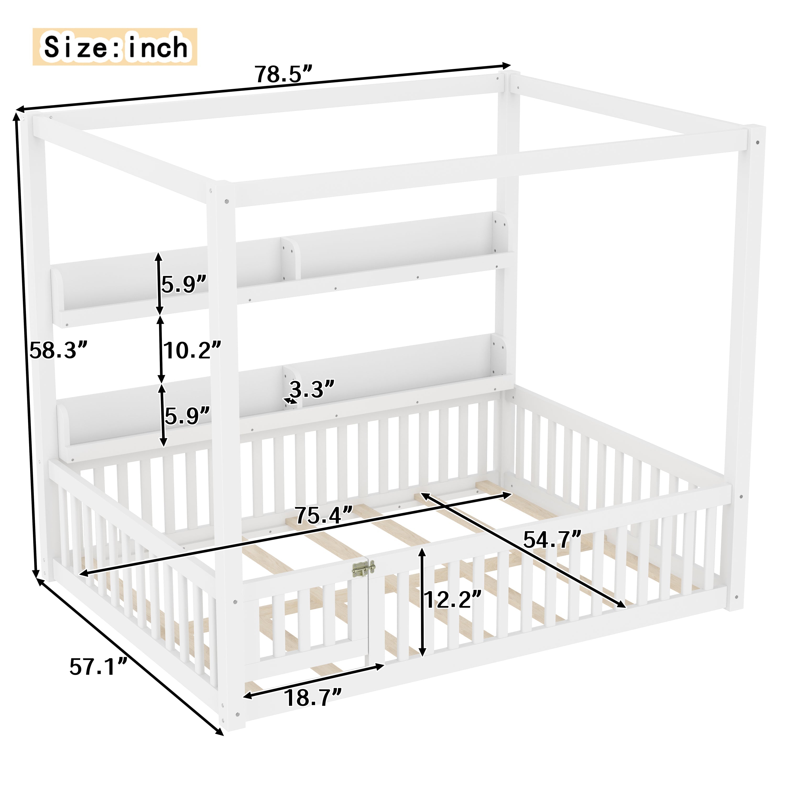 Full Size Canopy Bed with Guardrails, Solid Wood Floor Bed with Shelves, Montessori Floor Bed Frame for Kids, Boys, Girls, No Spring Box Needed, White