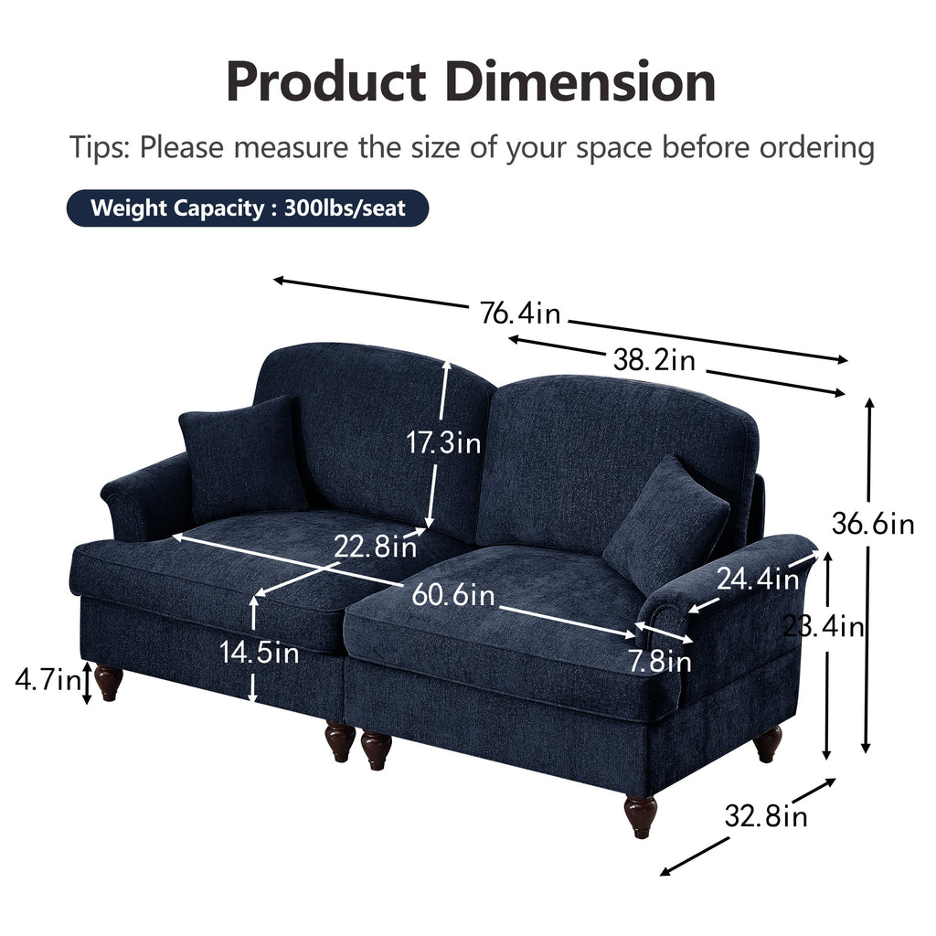 Classic 2 Piece Modular Couch Living Room Sofa Set with Flared Arms and Removable Ruffles Pleats Skirts and Spindle Legs, 2Seater Sofa + 2-Seat Loveseat Sofa Sets for Living Room, Blue