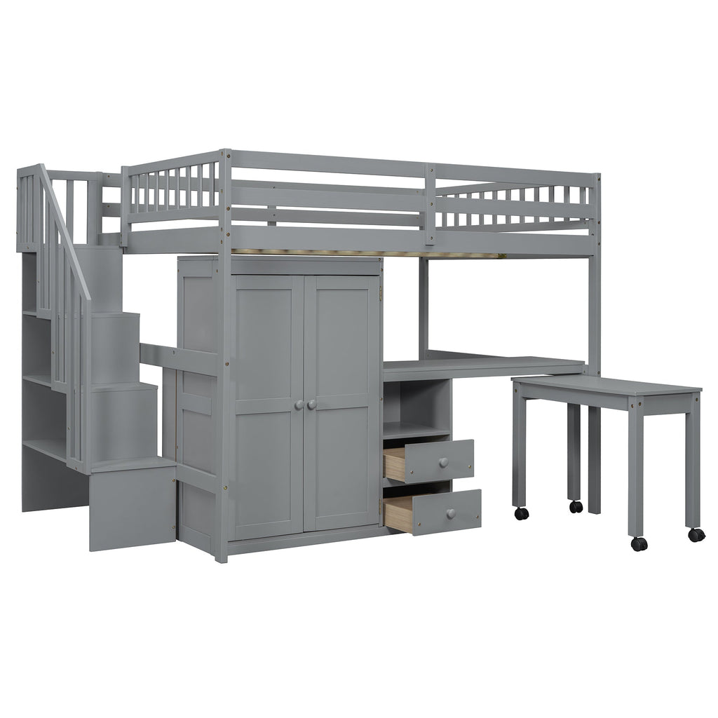 Full Size Loft Bed with Stairs, Bookshelf, Drawers, Desk & Wardrobe – Space-Saving Multifunctional Furniture for Kids & Teens-Gray