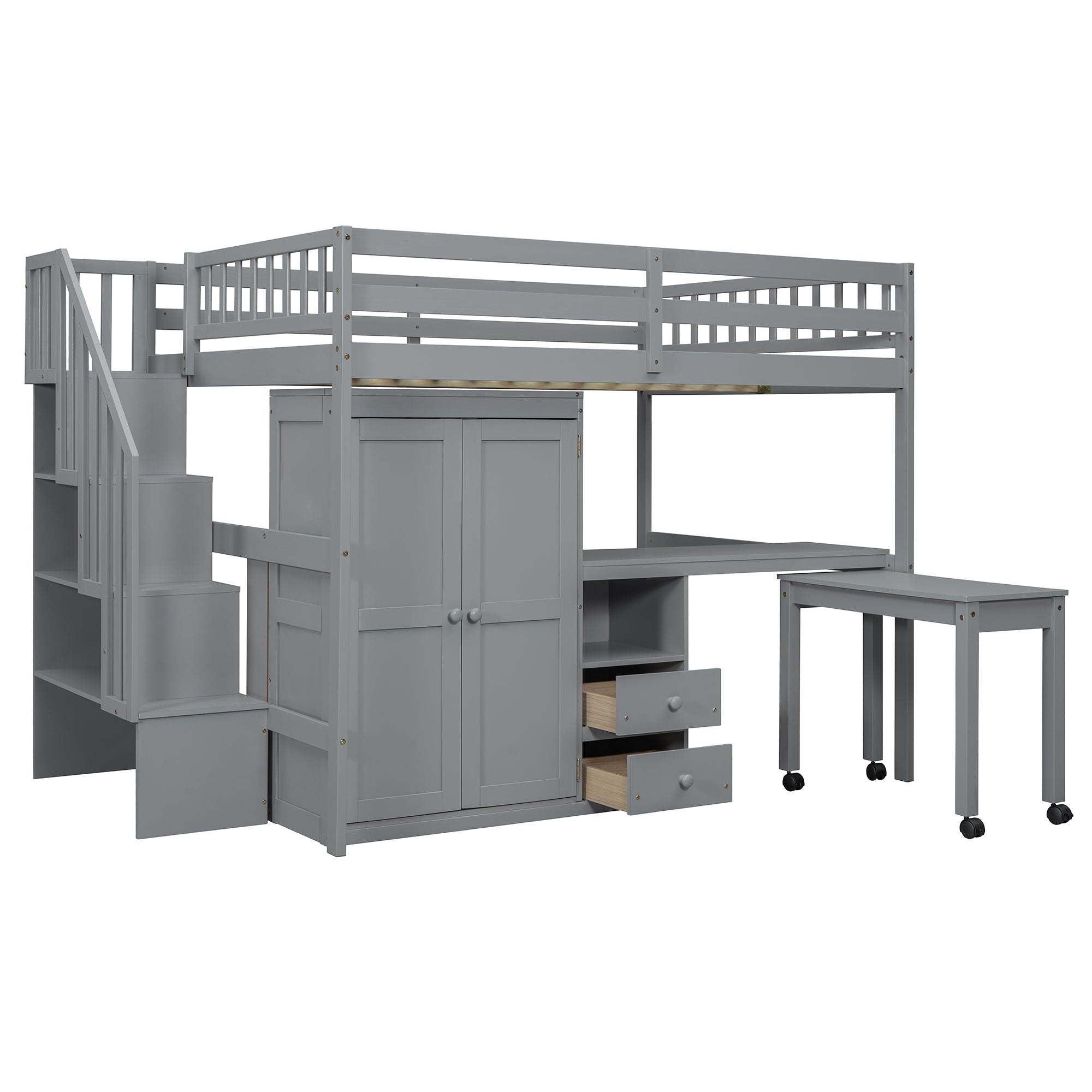 Full Size Loft Bed with Stairs, Bookshelf, Drawers, Desk & Wardrobe – Space-Saving Multifunctional Furniture for Kids & Teens-Gray