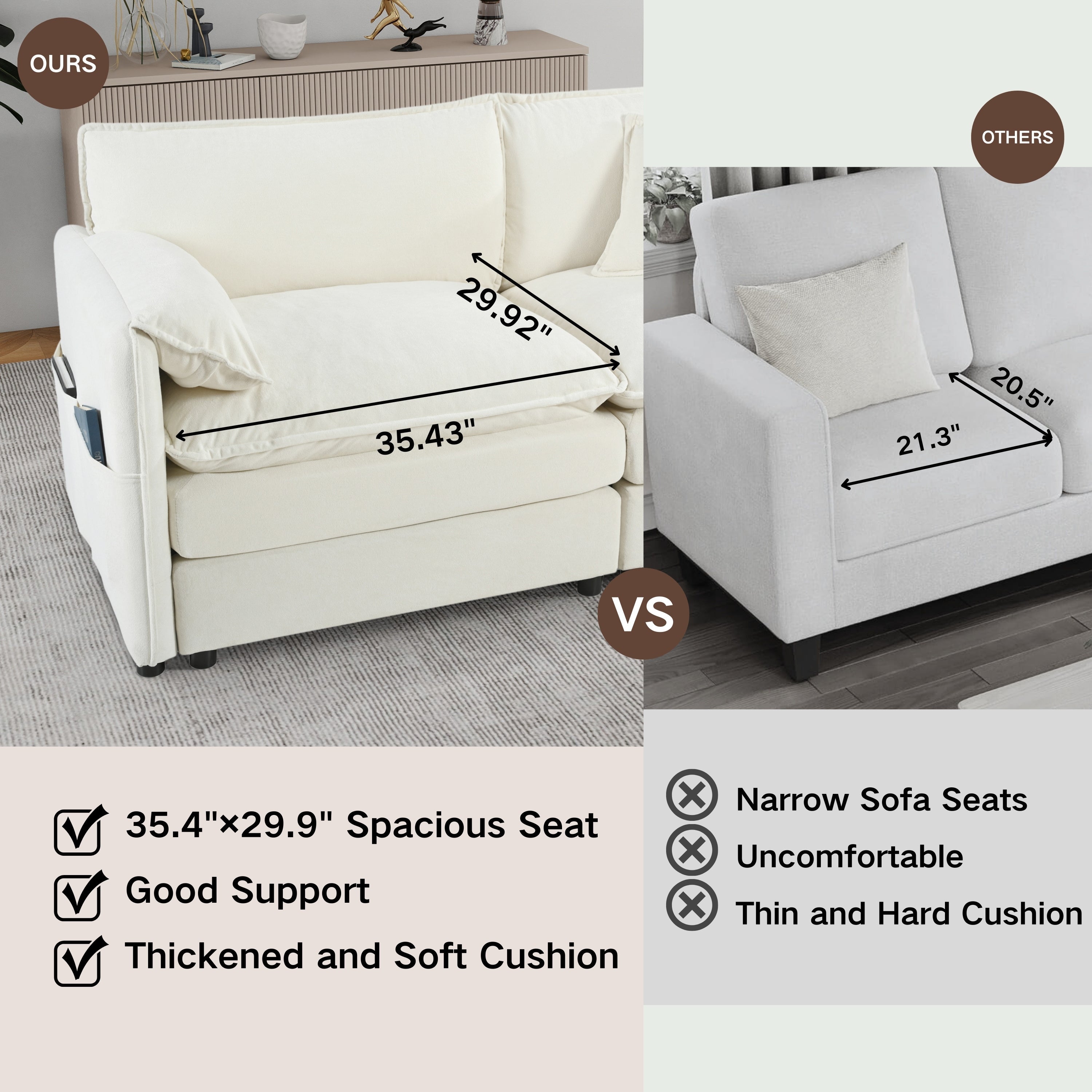 Deep Seat Sectional Cloud Sofa with 2 Ottomans & Soft Pillows, Loveseat Modular Couch for Living Room, Apartment,DIY Combination,Beige