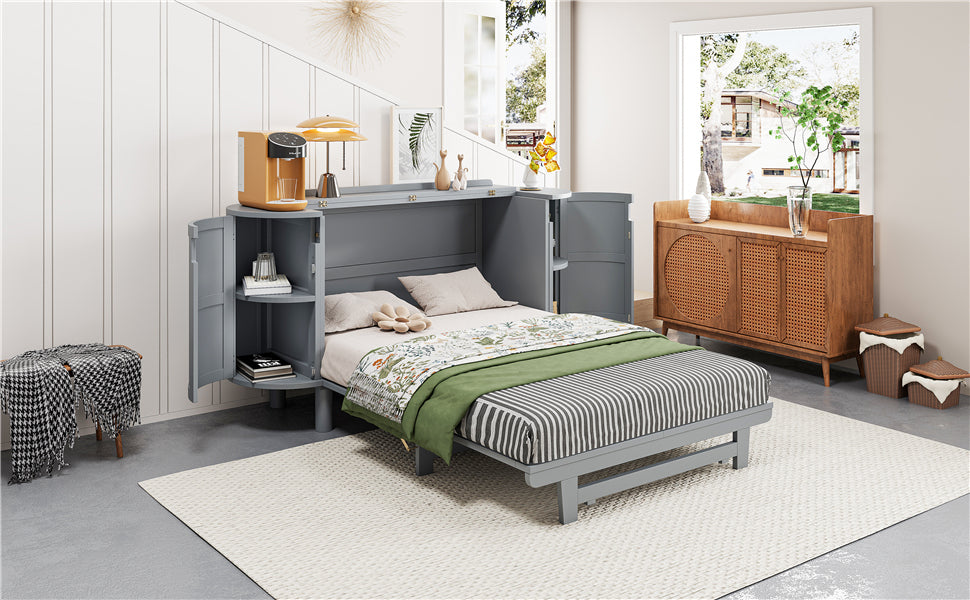 Full Murphy Bed with Hidden Storage & Modern Woven Design,Gray
