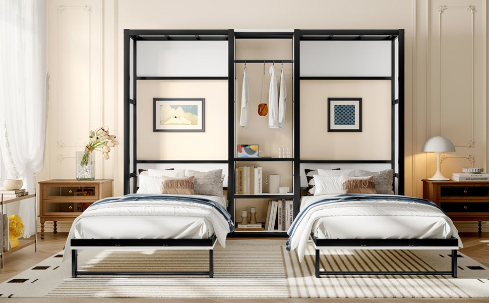 Twin and Twin Murphy Bed, Metal Foldable Murphy Bed with Wardrobe, Shelves and Power Outlets, 2 in 1 Design, Space-saving, White