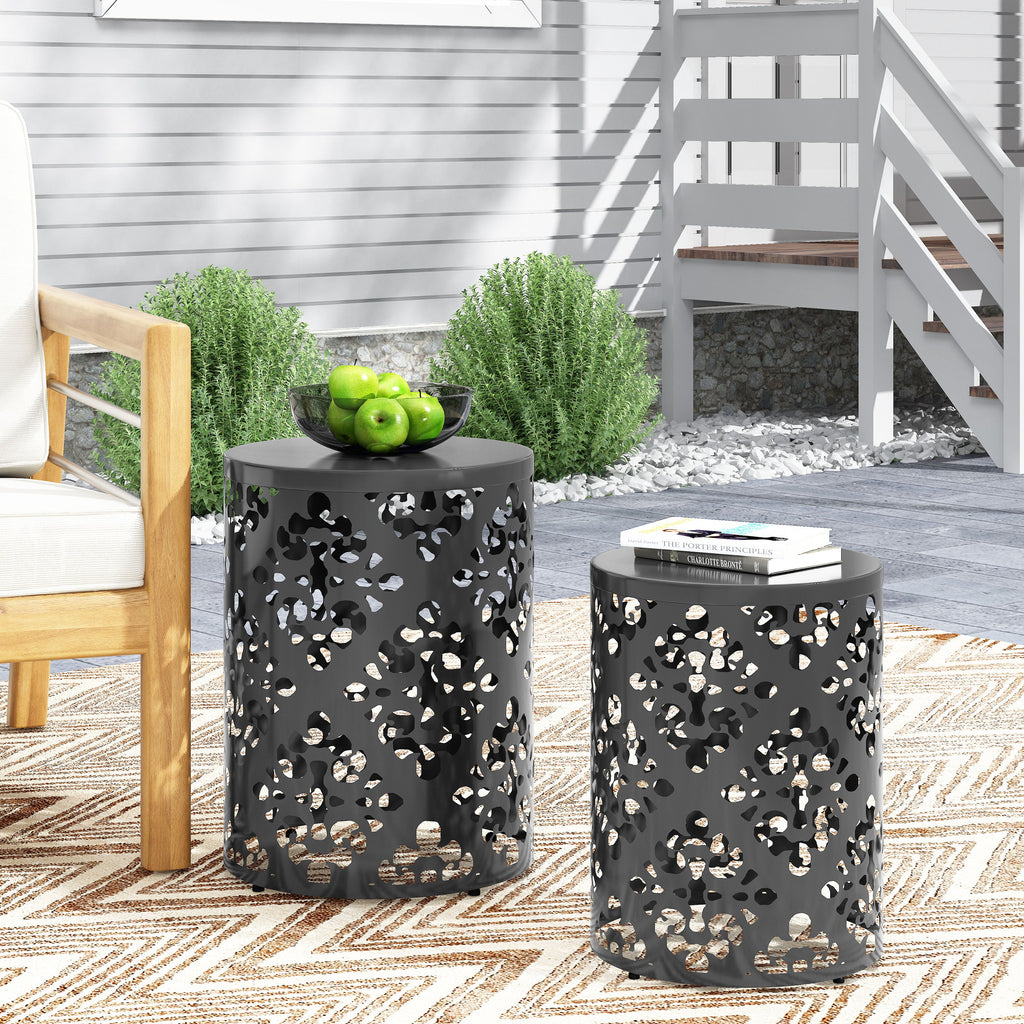 Modern Metal End Table Set of 2 with Iron Cut Design in Black