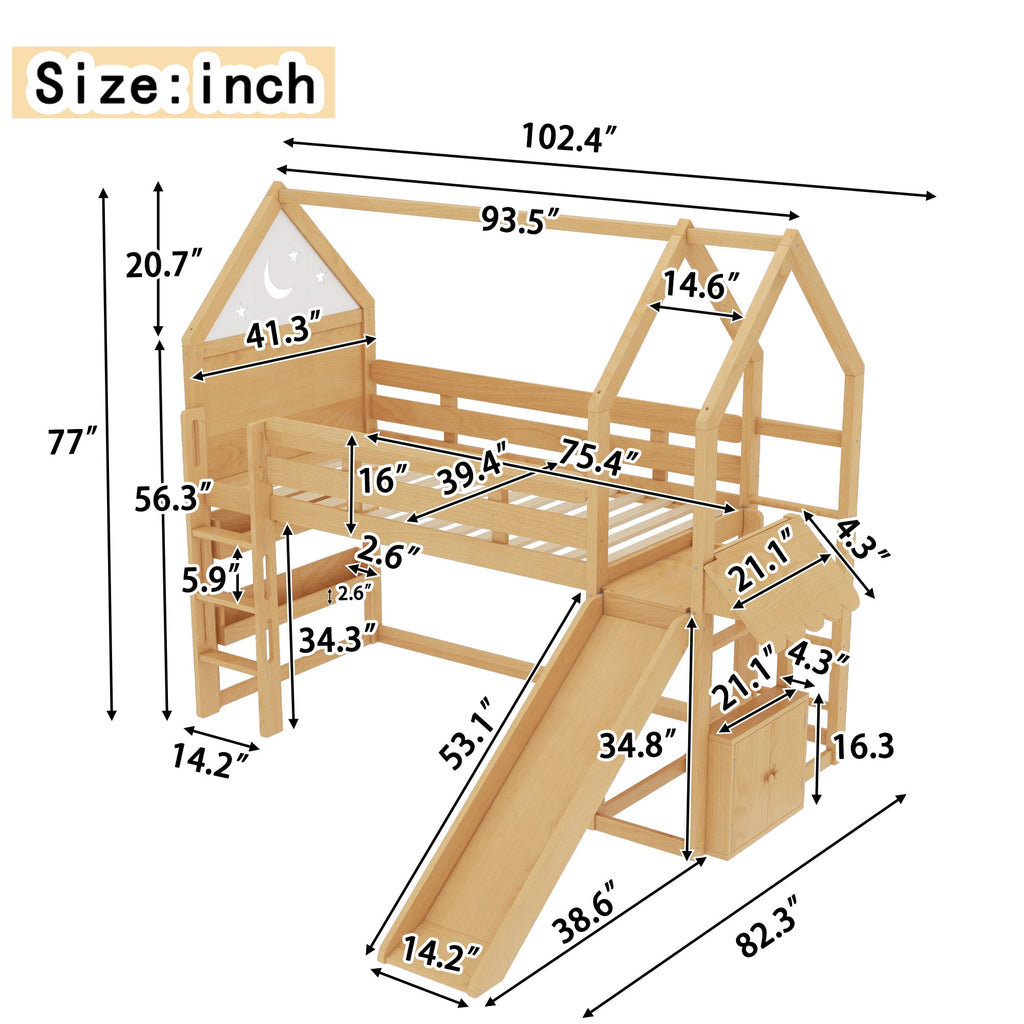 Twin Size Loft Bed with Bookshelf Playful Design for Kids House-Shaped Structure with Slide High-Quality Safety Rails,Natural