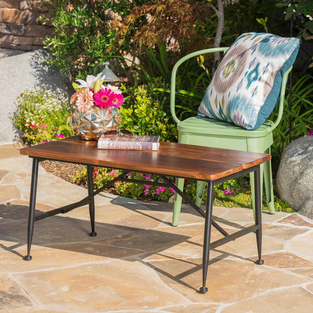 Rectangle Outdoor Coffee Table with Angled Tubular Legs and Wood Top, Black