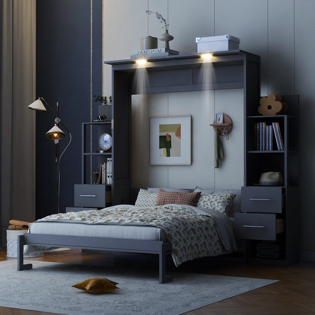 Queen Size Murphy Bed Wall Bed with Shelves, Drawers and Lights,Gray(OLD SKU:LP000566AAE-1)