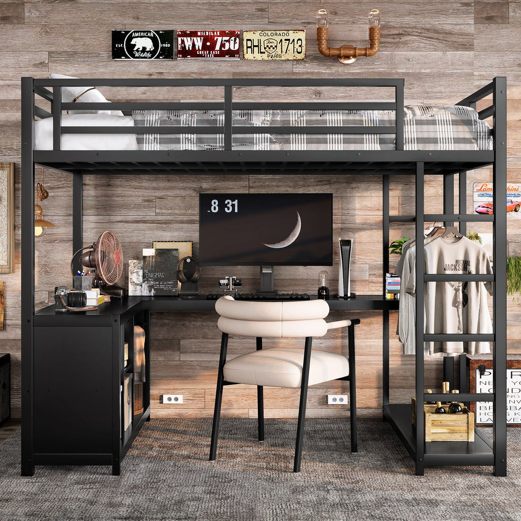Metal Loft Bed with Wardrobe and L-shaped Desk, Twin Size Loft Bed with Storage Cubes and Shelves, Loft Bed for Kids Teens Adults, Black