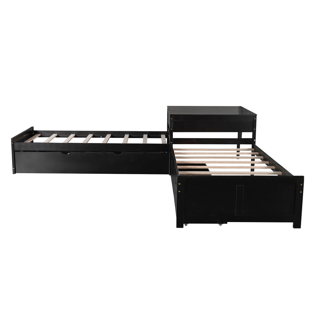 L-shaped Platform Bed with Trundle and Drawers Linked with built-in Desk,Twin,Espresso(Old SKU:SM000916AAP)