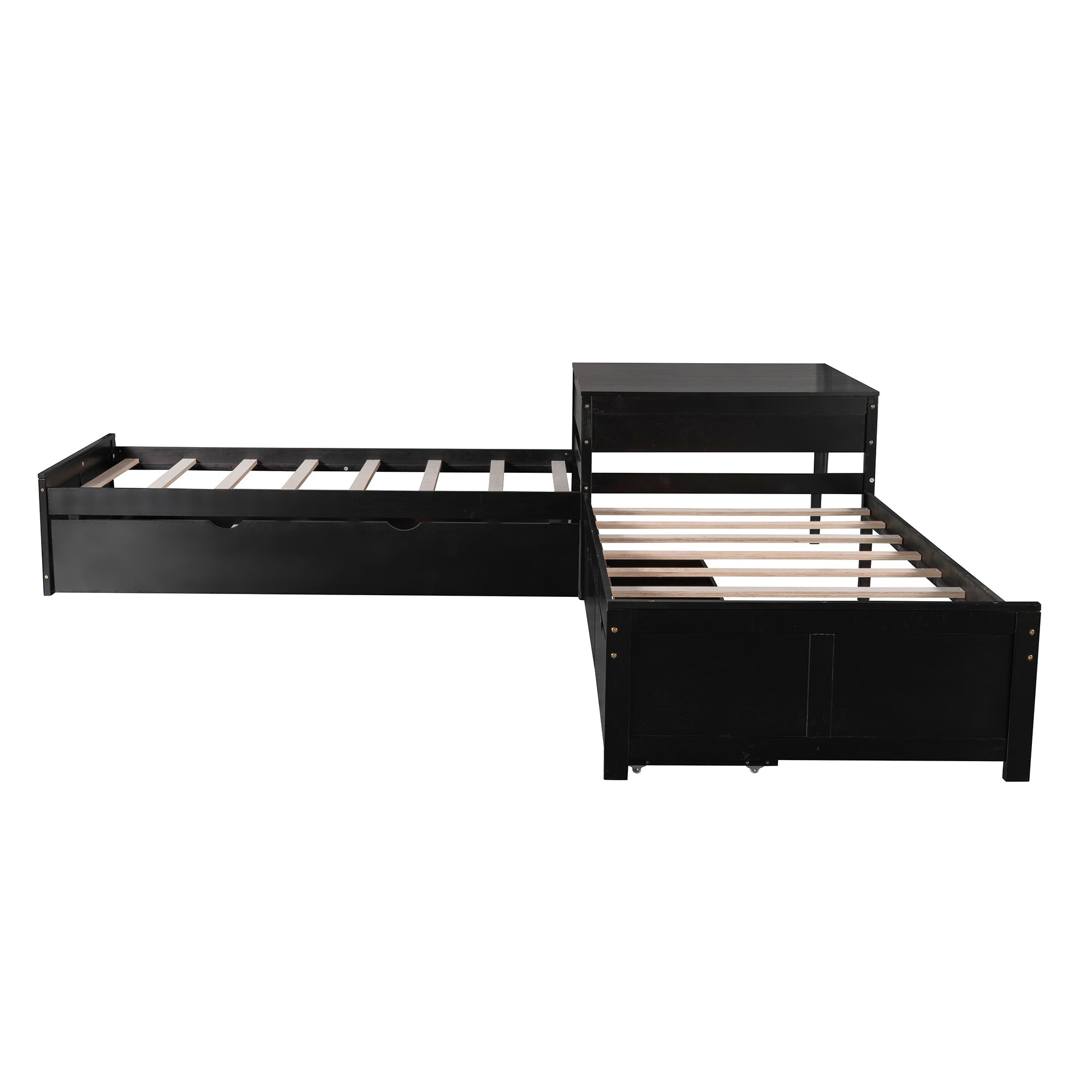 L-shaped Platform Bed with Trundle and Drawers Linked with built-in Desk,Twin,Espresso(Old SKU:SM000916AAP)