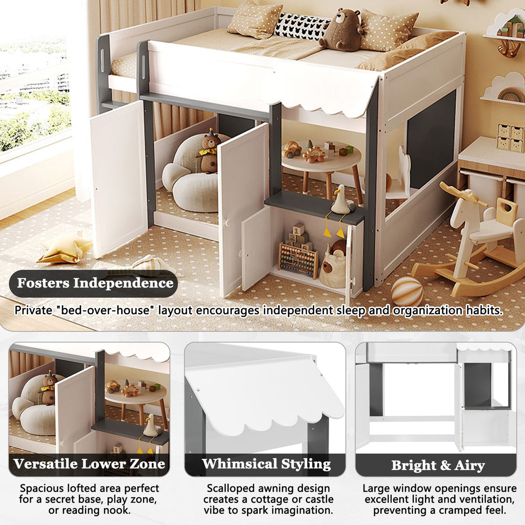 Full Loft House Bed with Playhouse & Storage, Modern Wood Cabin Bed for Kids/Teens, White+Gray