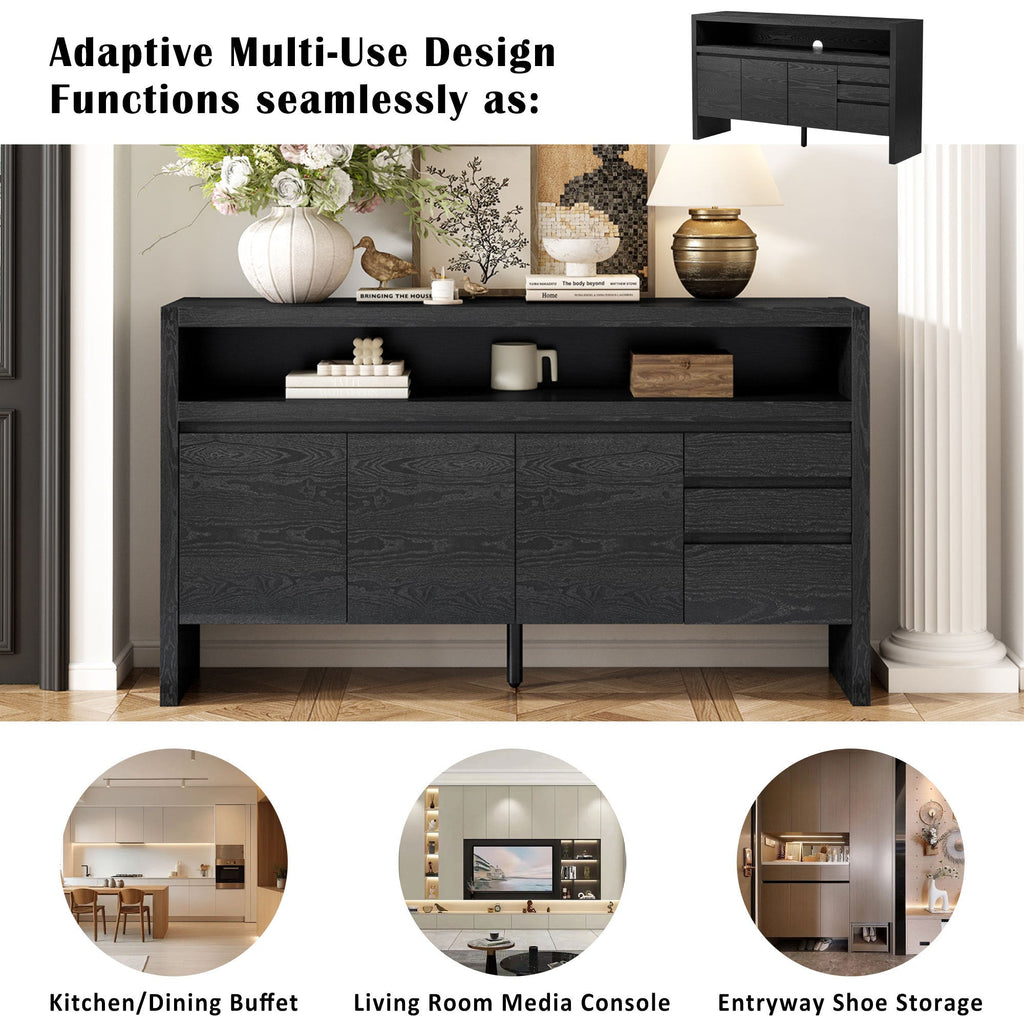 U_Style 60' 3-Door Sideboard with 3 Drawers - Modern Solid Ash Veneer MDF Sideboard, Semi-Open Shelf & Center Semi-Circular Cutout in Back Panel, Large Storage Cabinet for Living Room, Hallway, Dining