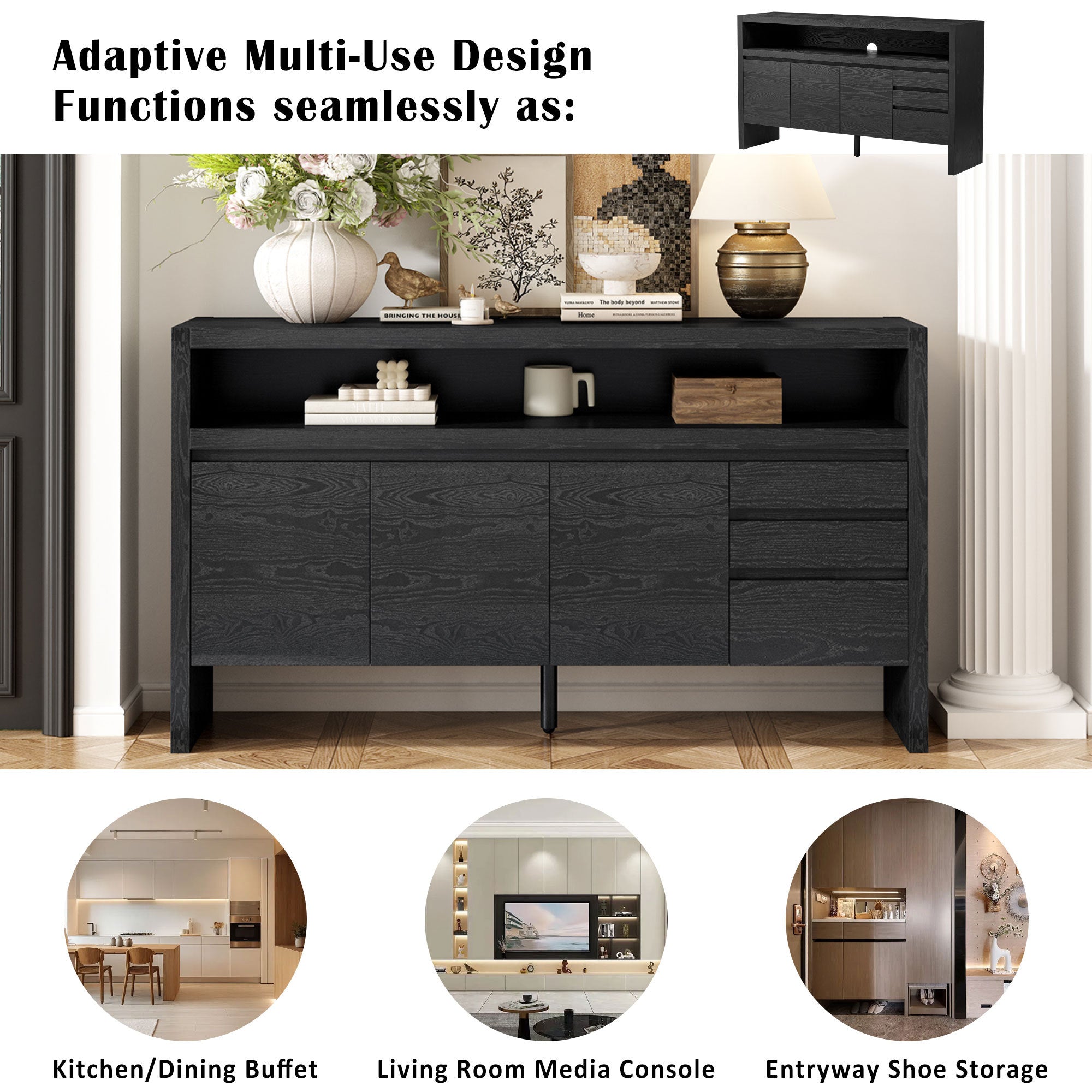 U_Style 60' 3-Door Sideboard with 3 Drawers - Modern Solid Ash Veneer MDF Sideboard, Semi-Open Shelf & Center Semi-Circular Cutout in Back Panel, Large Storage Cabinet for Living Room, Hallway, Dining