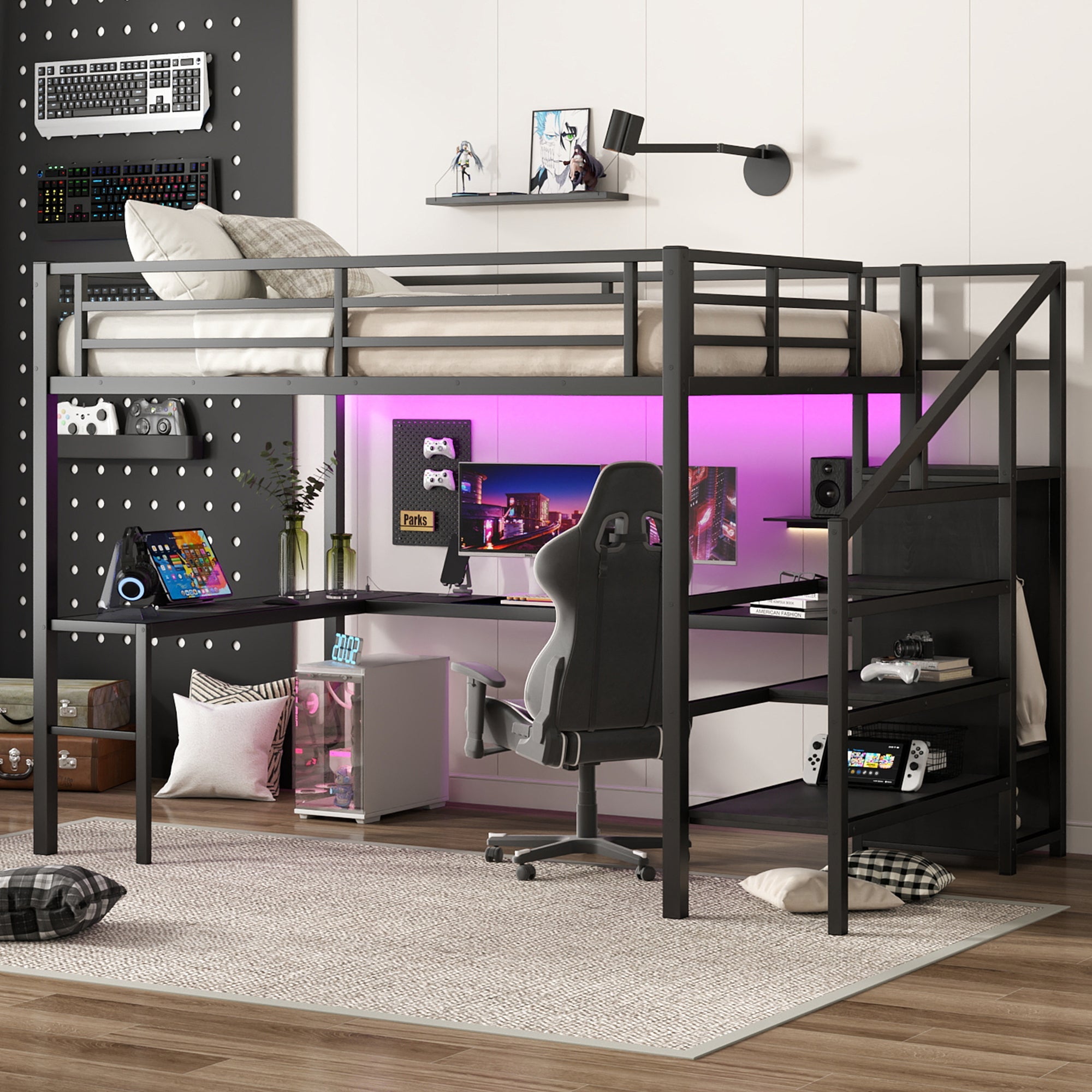 Queen Size Loft Bed with L-shaped Desk and USB, Metal Loft Bed with Wardrobe and Adjustable Shelf, High Loft Bed with LED for Kids Teens Adults, Black