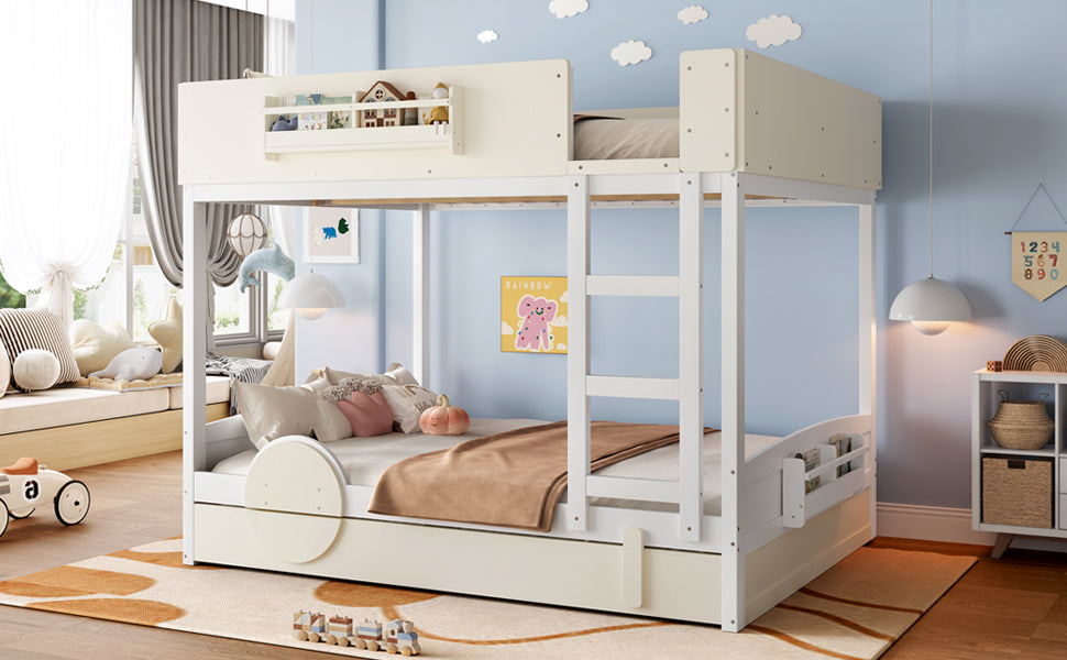 Queen Bunk Bed with Trundle , Wood Bunk Bed Frame with Built-in Bookshelf and High-quality Safety Guardrail,Automobile Form Design for Kids ,White＆ Beige.