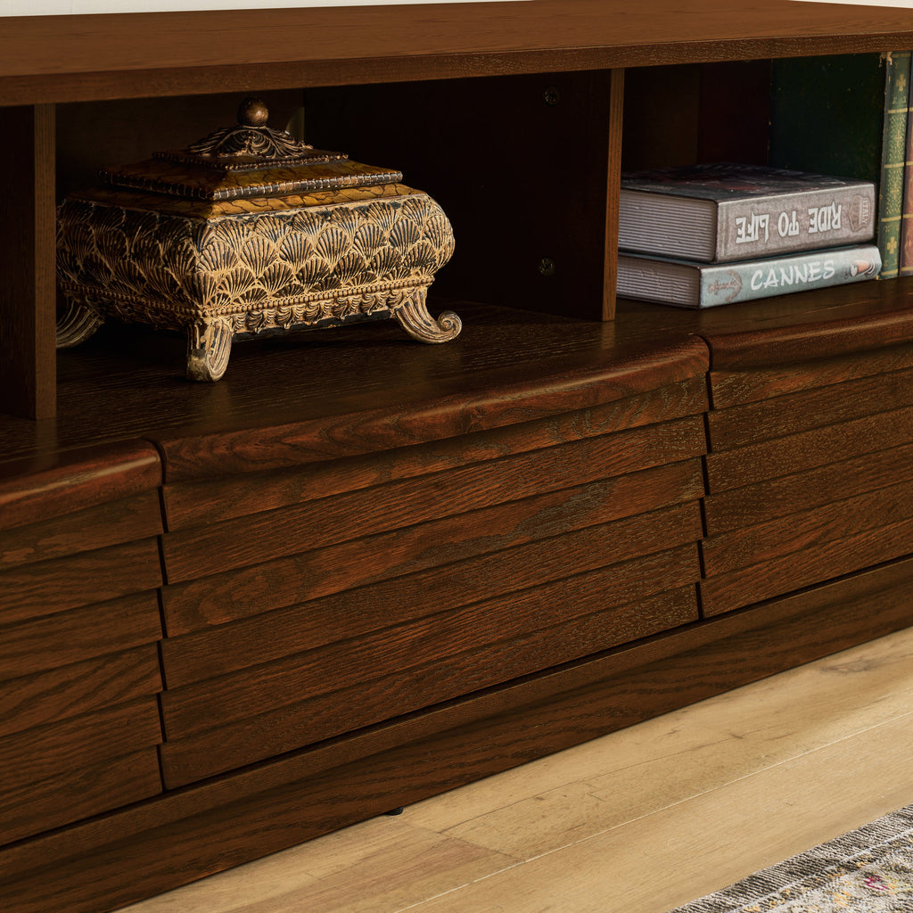 63' Mid-Century Modern TV Stand for TVs up to 75', Thick Sturdy Farmhouse Entertainment Cabinet, Media Console for Living Room, Louver Design & Solid Wood Drawers & Outlet Holes, Walnut