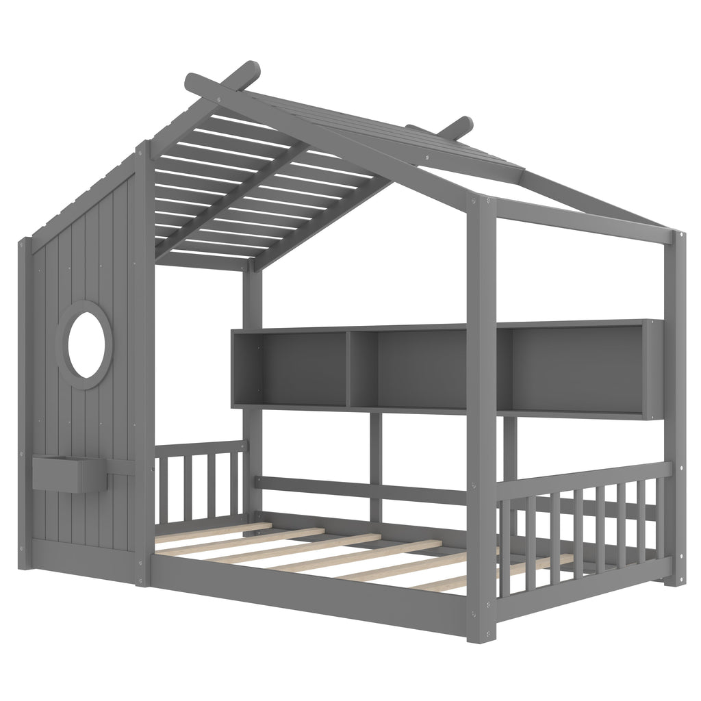 Twin Size Floor House Bed for Toddler, Kids Montessori Bed  with Storage Shelf, Playhouse Bed with Roof Design, Gray