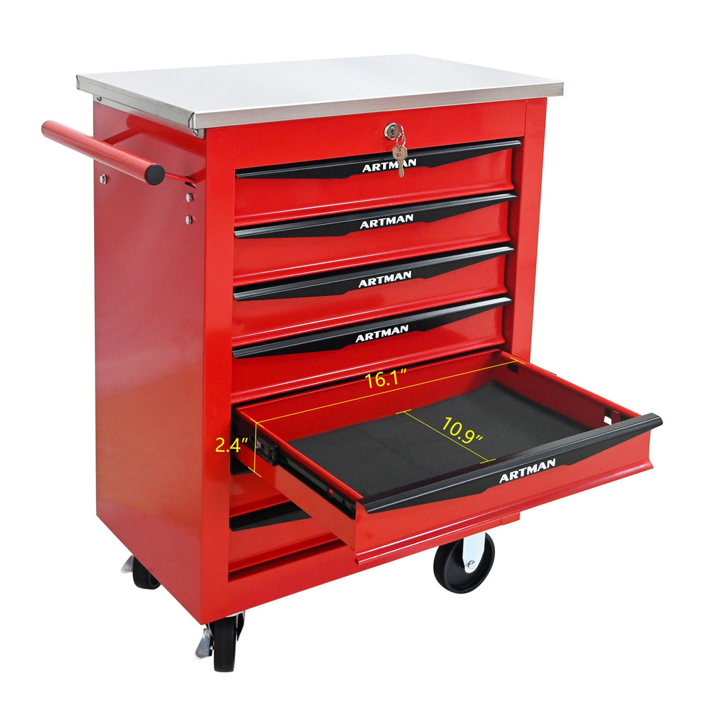 7 Drawers Multifunctional Tool Cart with Wheels,Metal Rolling Tool Cart Storage for Garage Workshop Warehouse Repair Shop--With Stainless Steel Roof- Red&Black