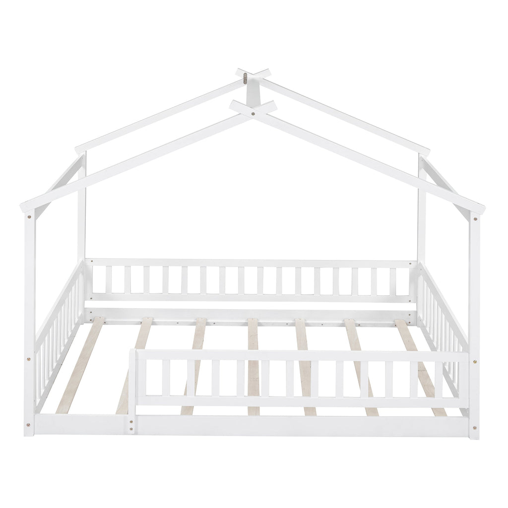 Full Size Wood Bed House Bed Frame with Fence, for Kids, Teens, Girls, Boys,White