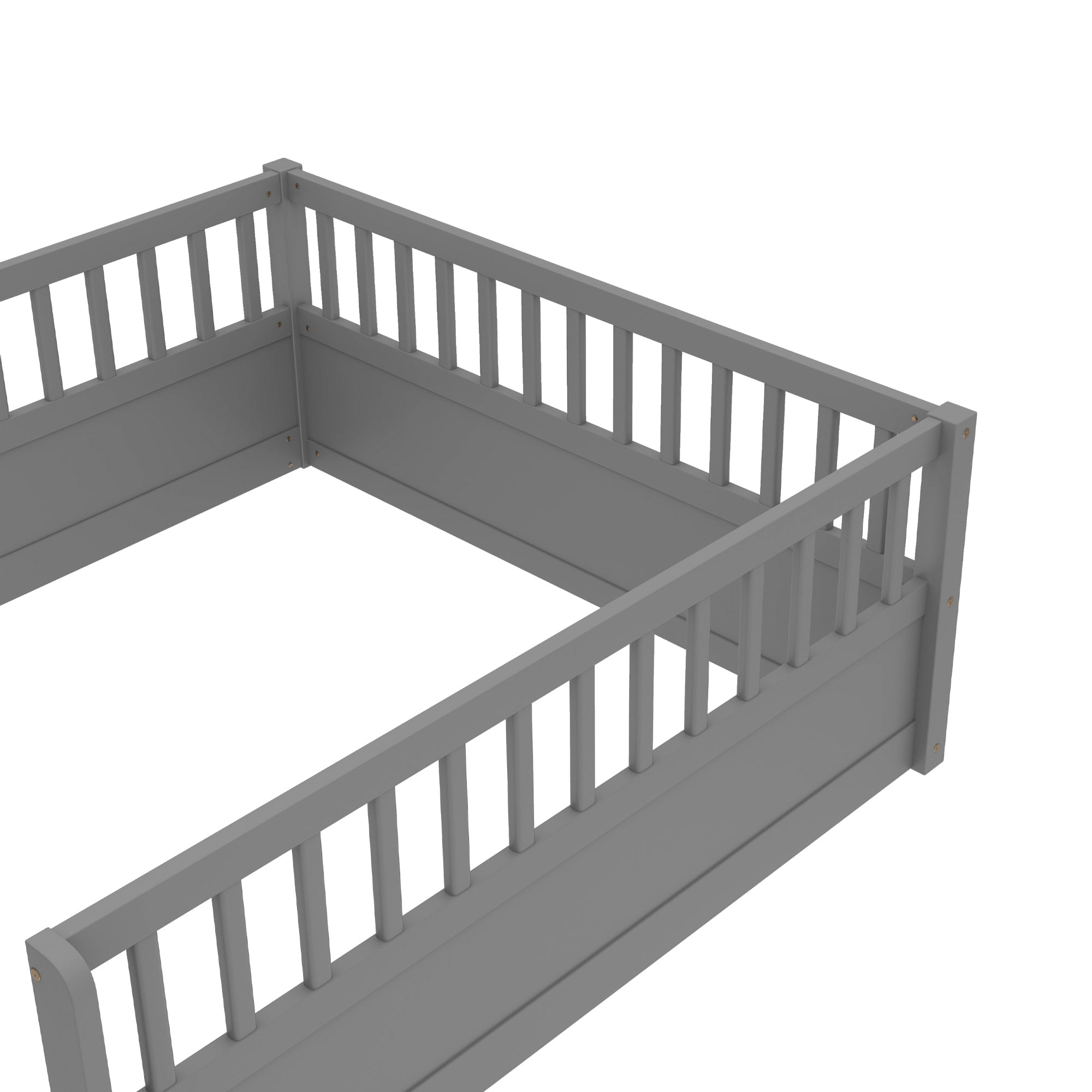 Full Floor Bed Frame with Fence, Montessori wooden children's floor bed,Wood Kids Floor Beds Frame for Bedroom Playroom,Gray