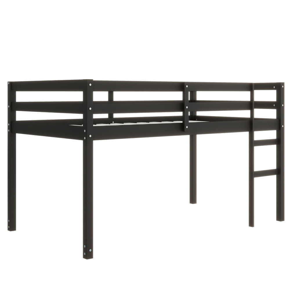Solid Wooden, Rubber Wooden Twin Loft Bed with Ladder, Bed Platform of Strengthened Slats , Black