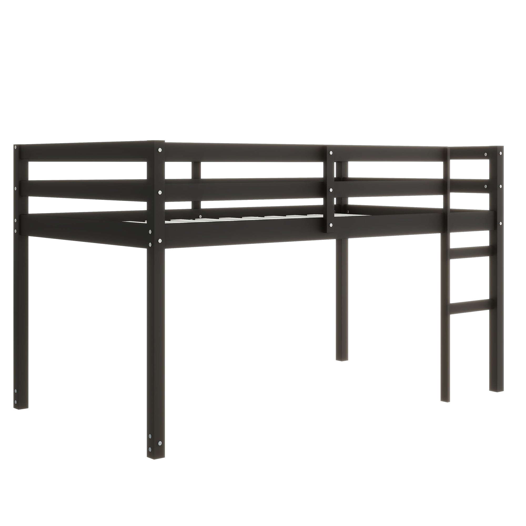 Solid Wooden, Rubber Wooden Twin Loft Bed with Ladder, Bed Platform of Strengthened Slats , Black