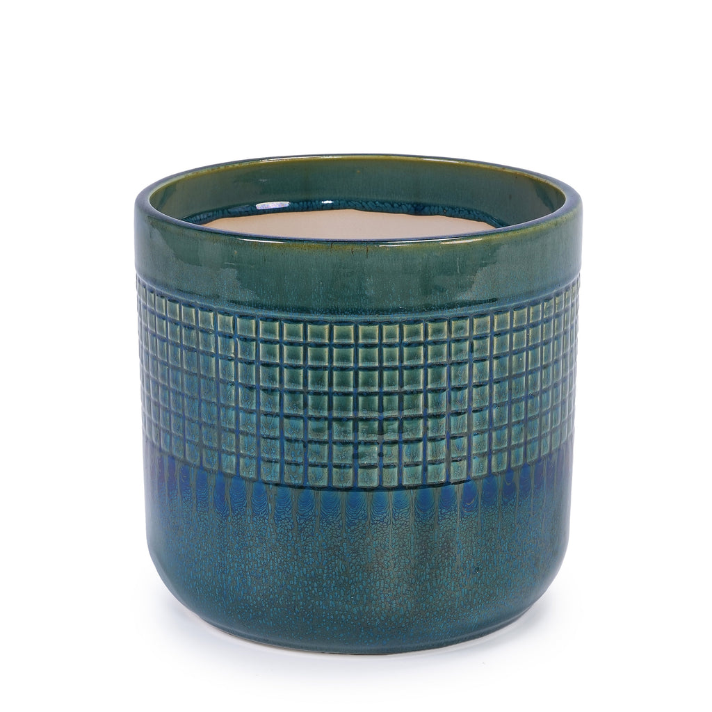 Set of 3 Grid Ceramic Flowerpot, Modern Planter for Patio, Garden, Windowsill - Blue Green