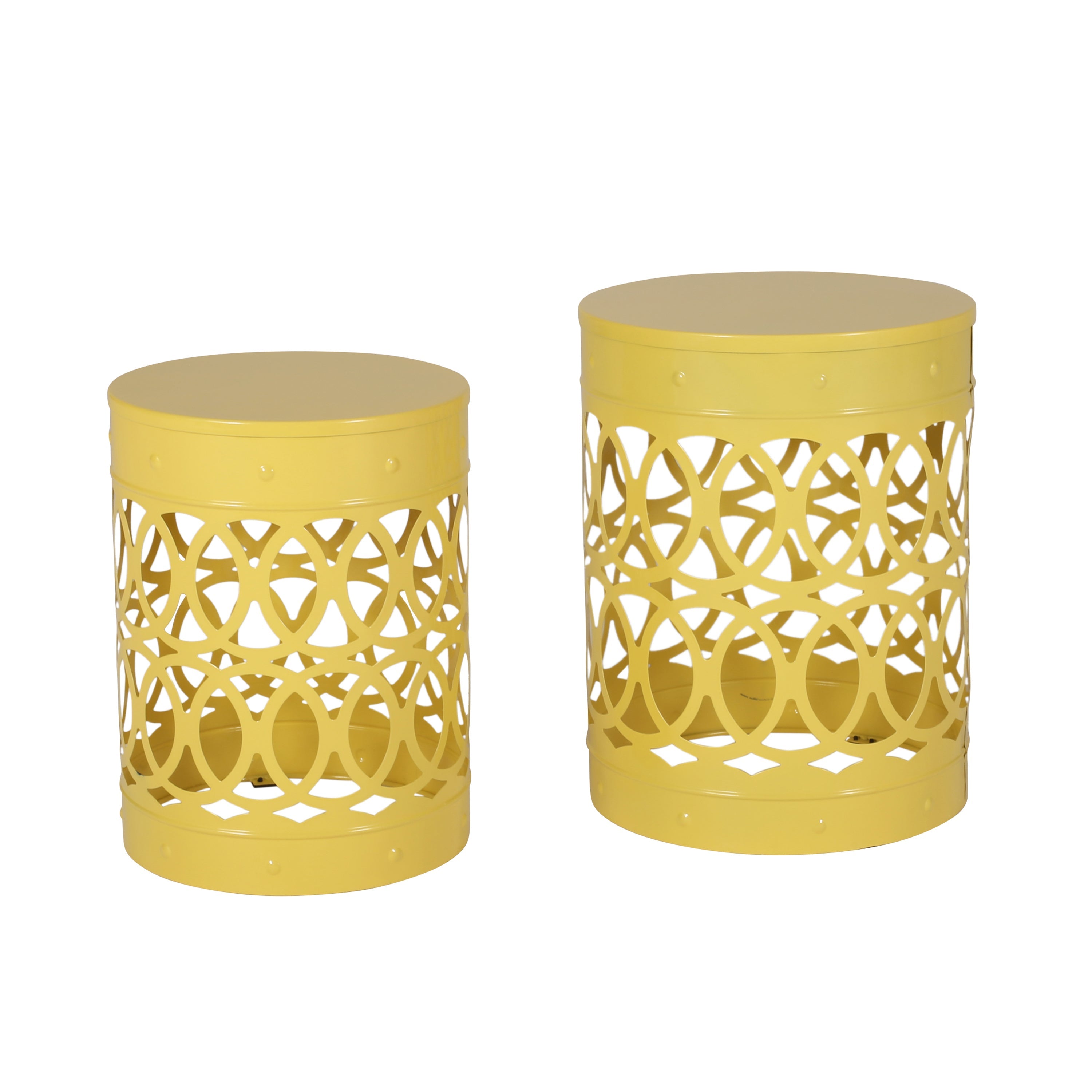 Modern Outdoor Metal End Table Set of 2 with Iron Cut Design in Yellow