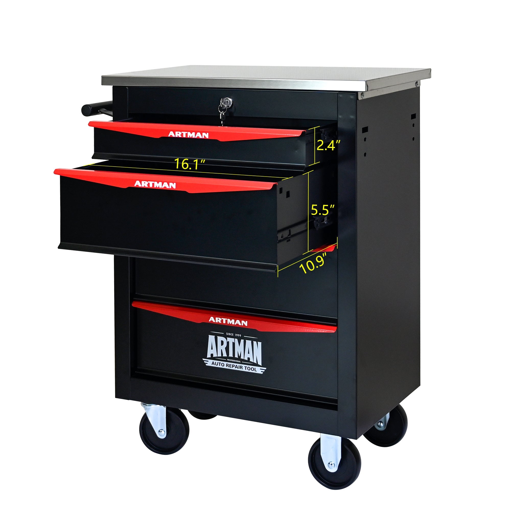 4-Drawer Multifunctional Tool Cart with Wheels, Metal Rolling Tool Cart Storage for Garage Workshop Warehouse Repair Shop - with Stainless Steel Roof - Black & Red