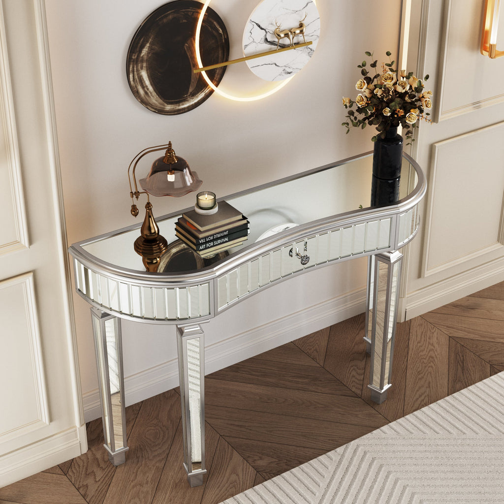 47' Half-Moon Mirrored Console Table with Fluted Glass & Crystal Knob Drawer - Silver Entryway Vanity Desk for Bedroom/Dressing Room(Grey+Sliver)