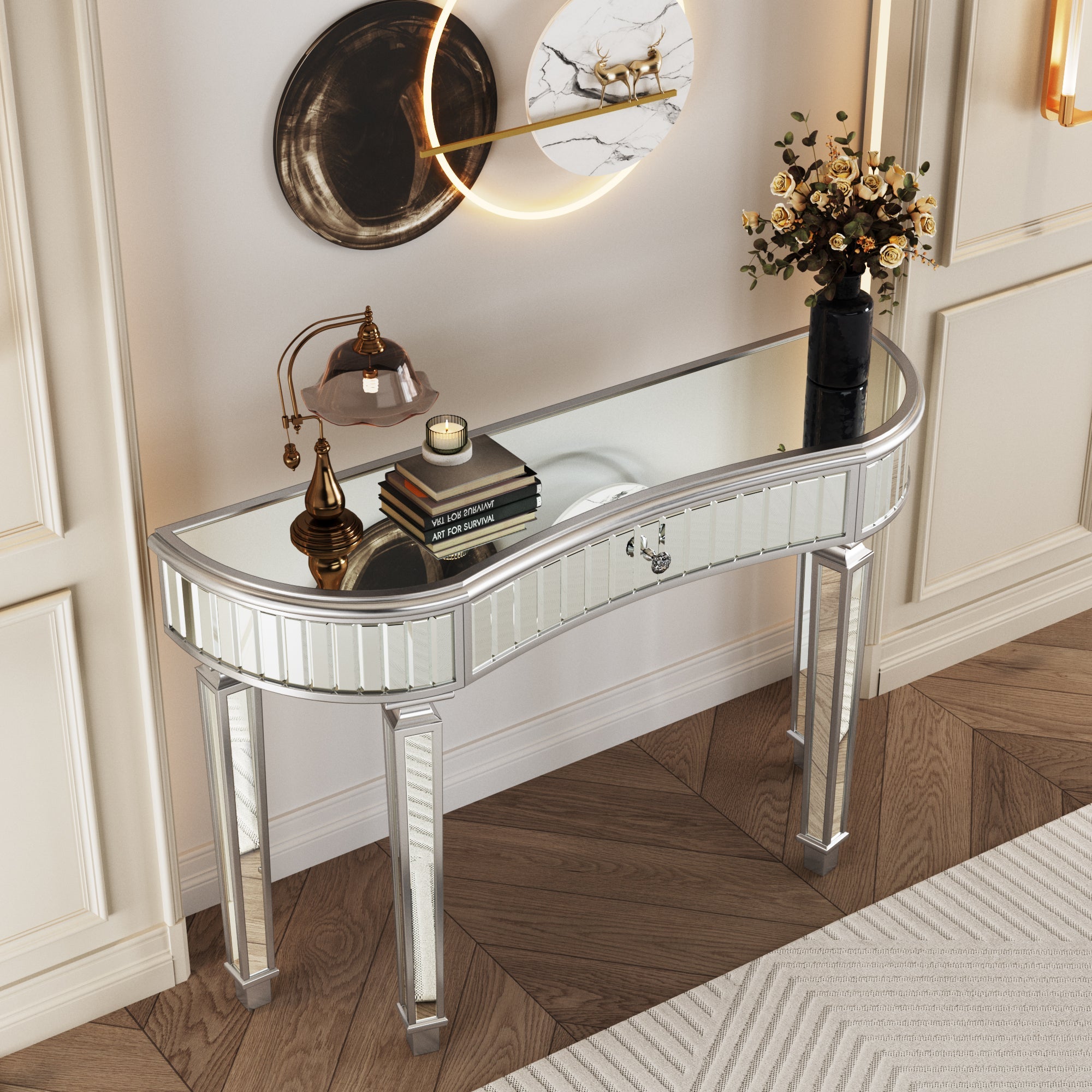 47' Half-Moon Mirrored Console Table with Fluted Glass & Crystal Knob Drawer - Silver Entryway Vanity Desk for Bedroom/Dressing Room(Grey+Sliver)