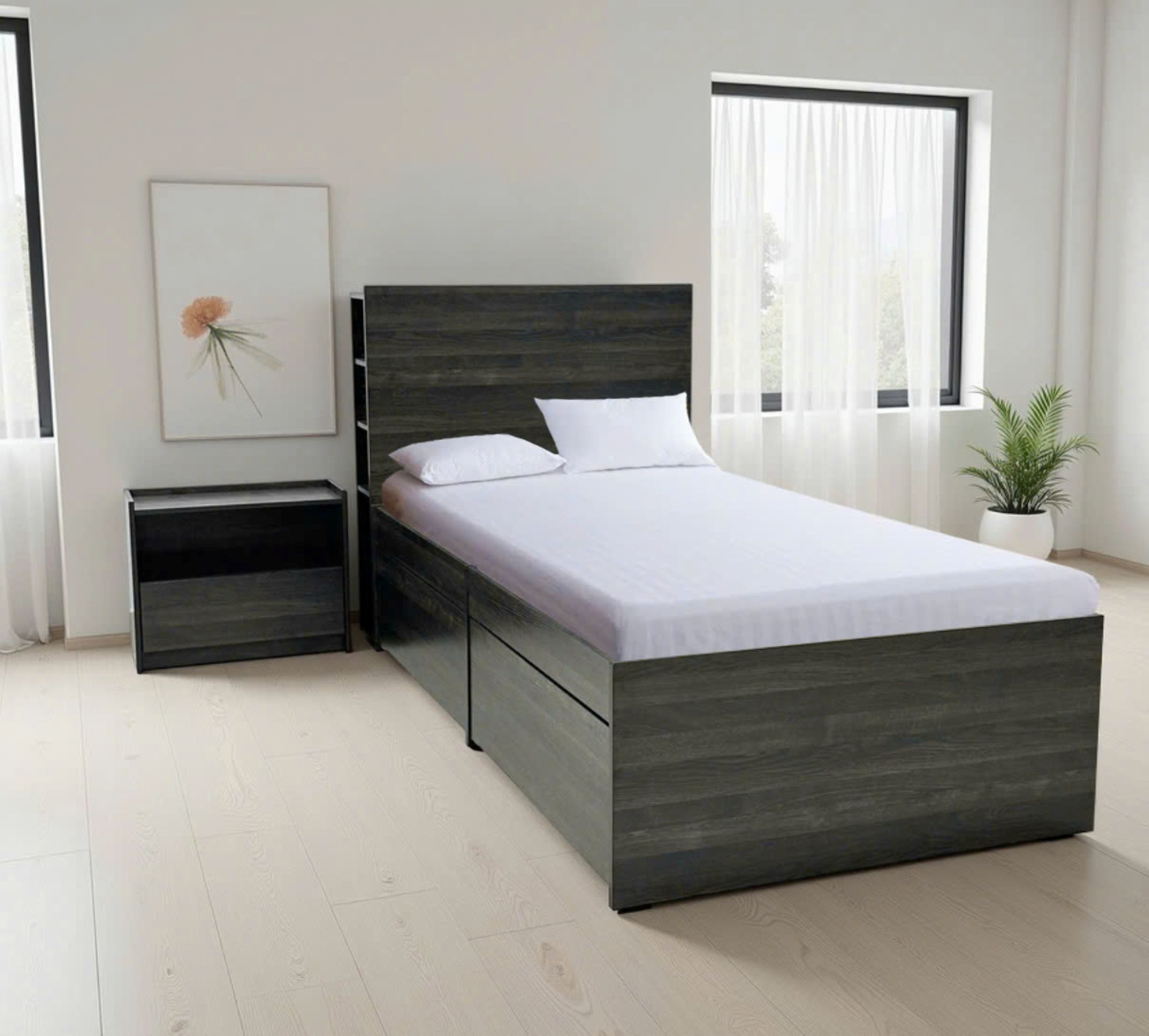 Robin Twin Storage Bed with 1 Nightstand in Dark Gray