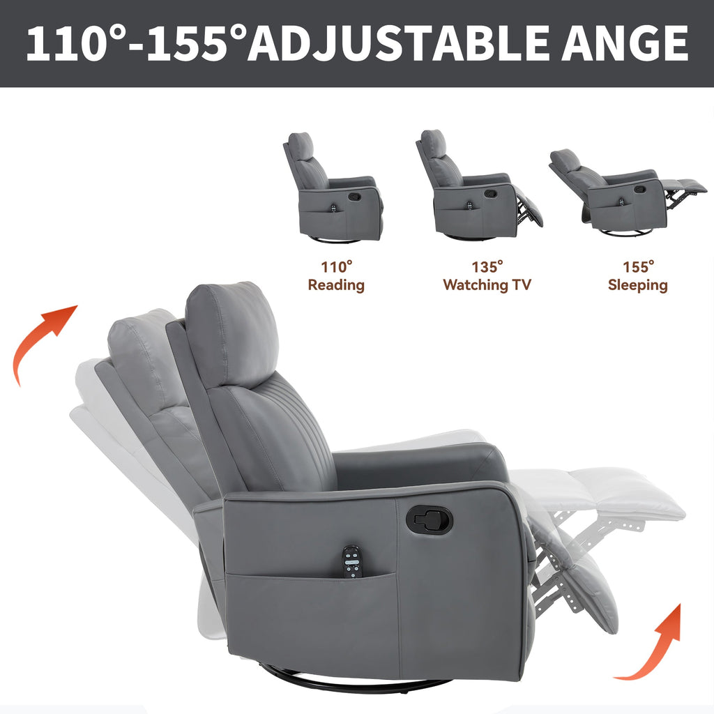 Grey Faux Leather Heat Massage Manual Recliner Chair with Rocker and Swivel for Living Room