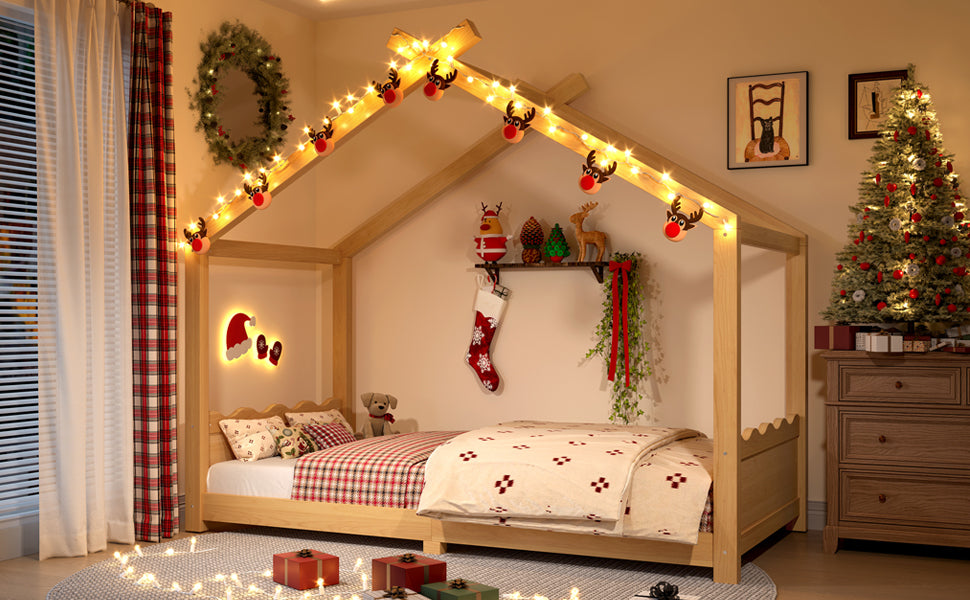 Twin House Floor Bed with Support Slats, Solid Wood House Bed Frame for Kids, No Box Spring Needed and Opening Constructure, Natural