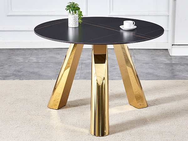 The 42-inch stainless steel gold-plated flamed granite round table with seating for 4 or 6 people is perfect for dining, entertaining, or as a conference table