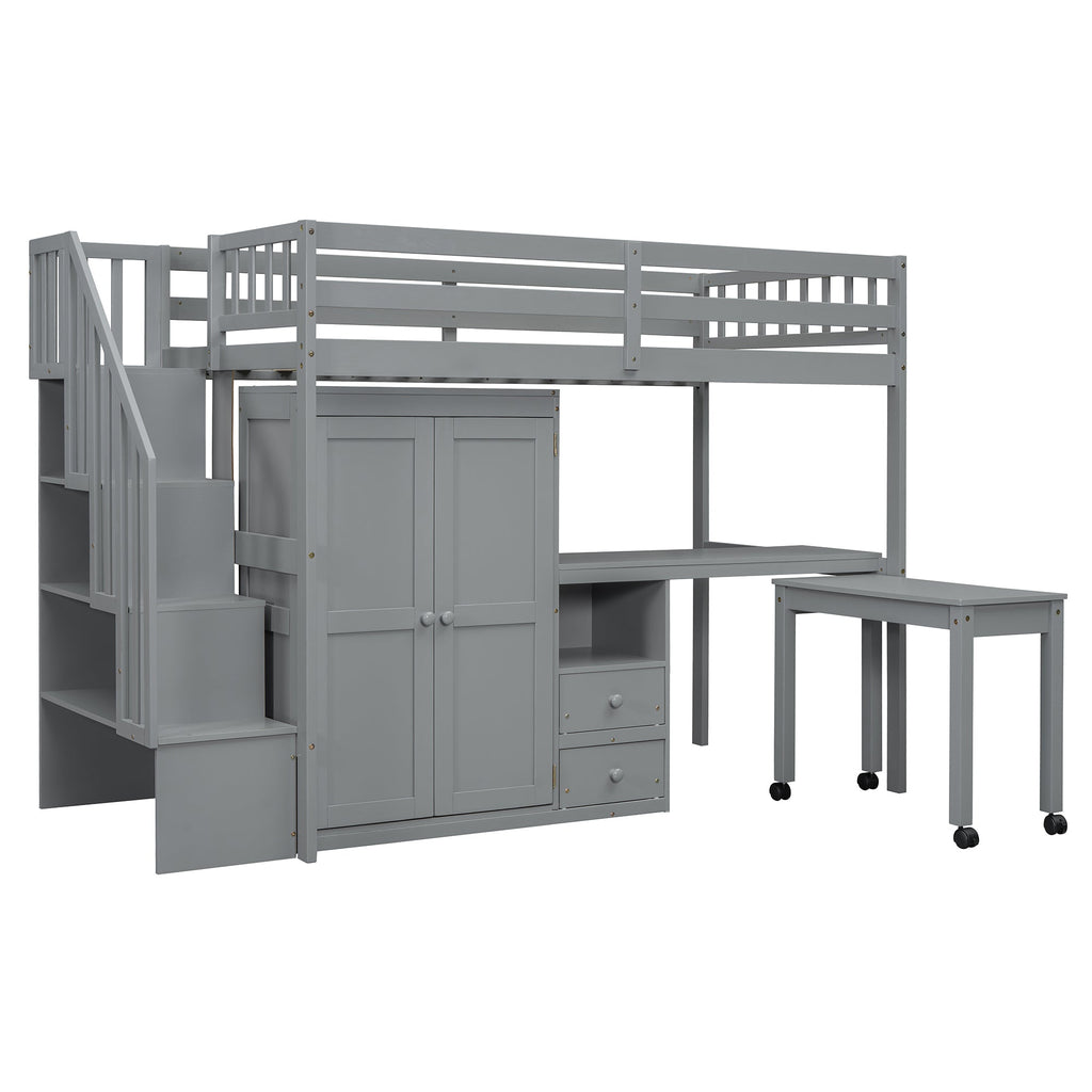 Twin Size Loft Bed with Stairs, Bookshelf, Drawers, Desk & Wardrobe – Space-Saving Multifunctional Furniture for Kids & Teens-Gray