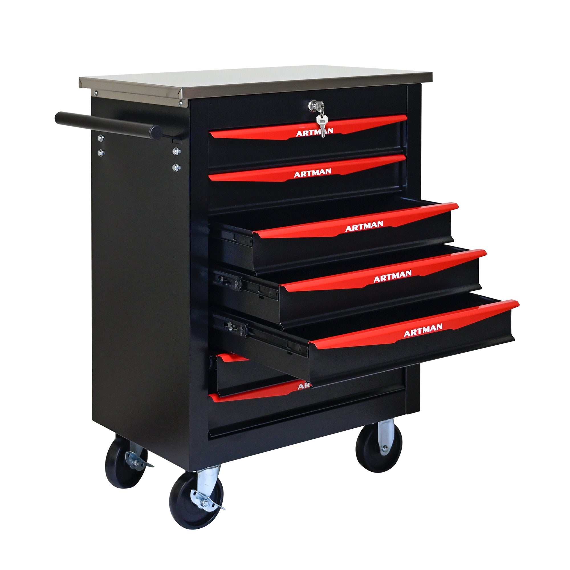 7-Drawer Multifunctional Tool Cart with Wheels, Metal Rolling Tool Cart Storage for Garage Workshop Warehouse Repair Shop - with Stainless Steel Roof - Black & Red