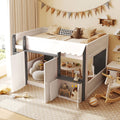 Full Loft House Bed with Playhouse & Storage, Modern Wood Cabin Bed for Kids/Teens, White+Gray