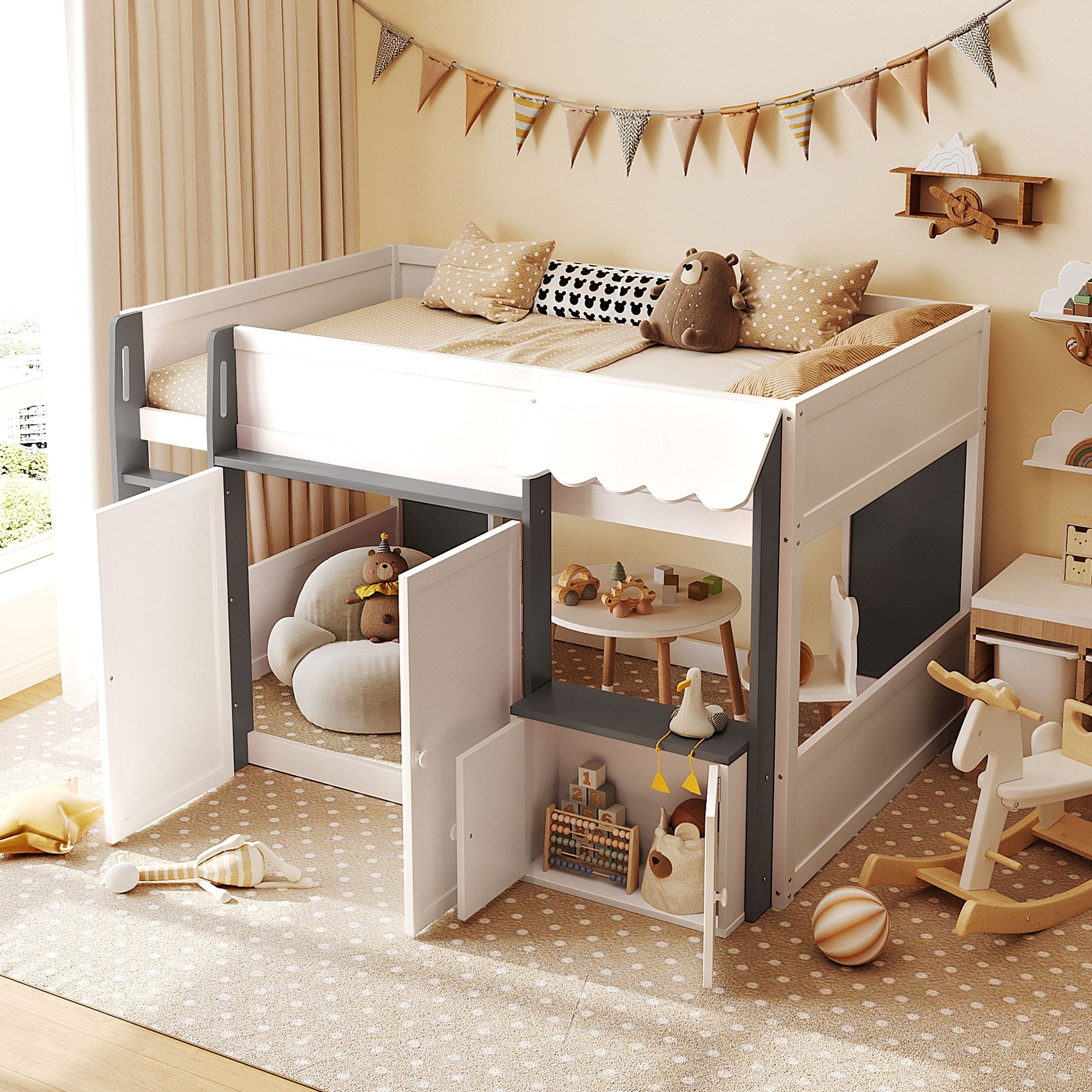 Full Loft House Bed with Playhouse & Storage, Modern Wood Cabin Bed for Kids/Teens, White+Gray