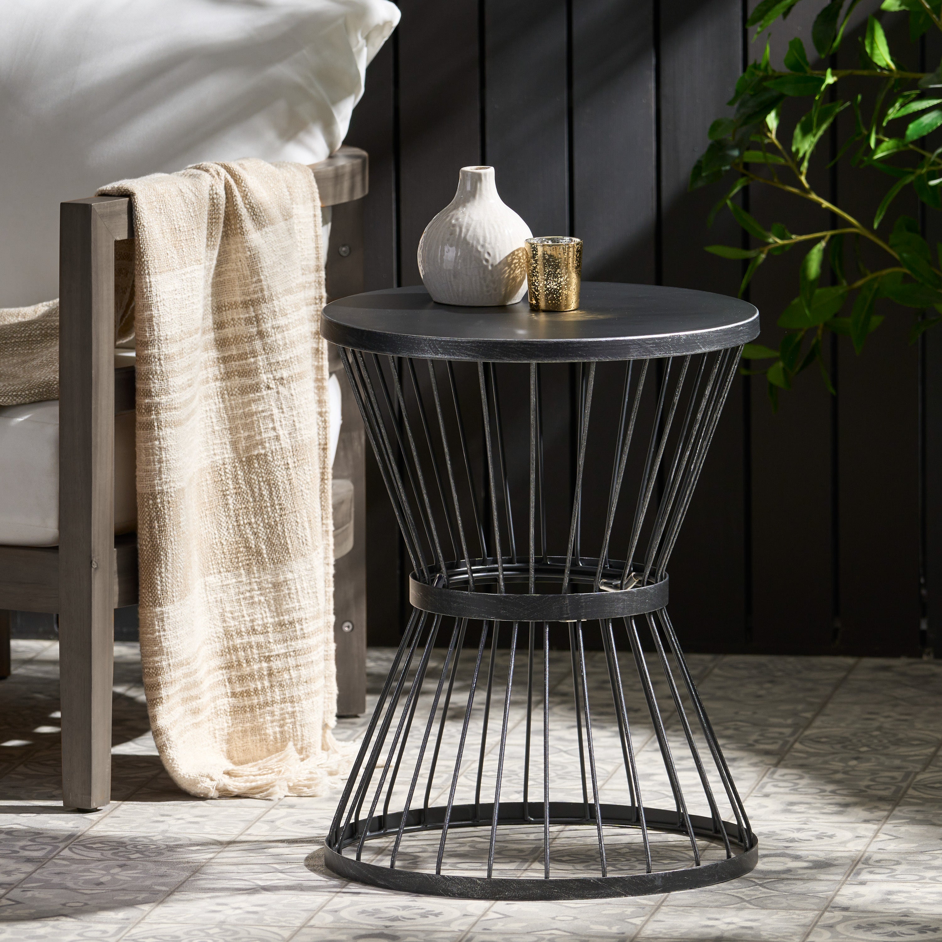 LASSEN Modern Outdoor Side Table with Hourglass Design in Matte Black Iron, 16.25 x 16.25 x 21 inches