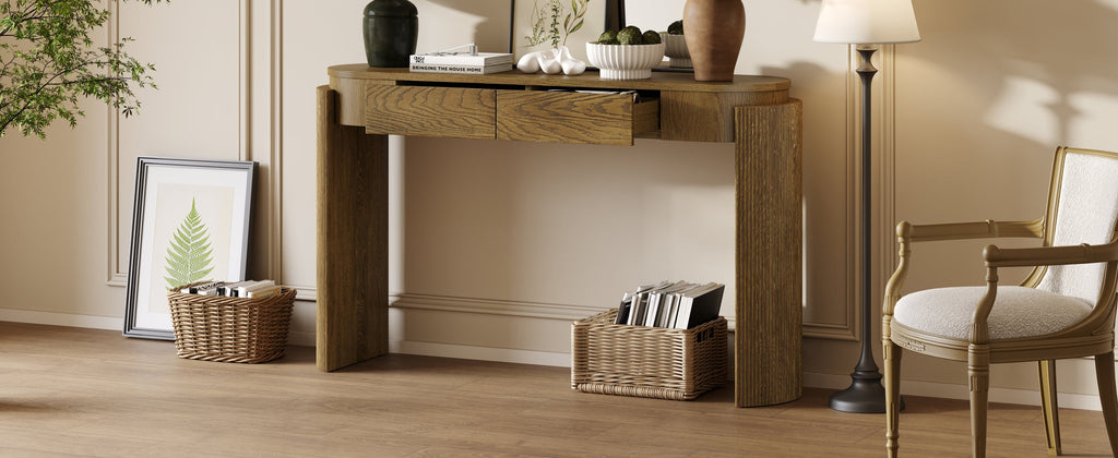 TREXM Entryway Table with Natural Wood Grain Finish, Console Table with Fluted Design, Oval Top and 2 Drawers for Entryway and Living Room (Pine Wood)