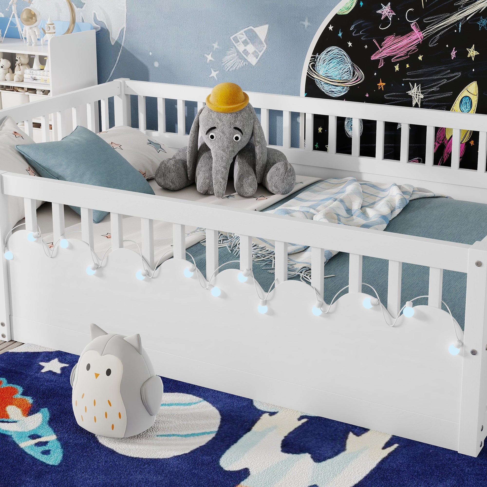 Full Montessori Floor Bed Frame with High Rails, Wood Kids Floor Beds with Light and Storage Shelf, White (Expect Arrival Date 2025/8/15)