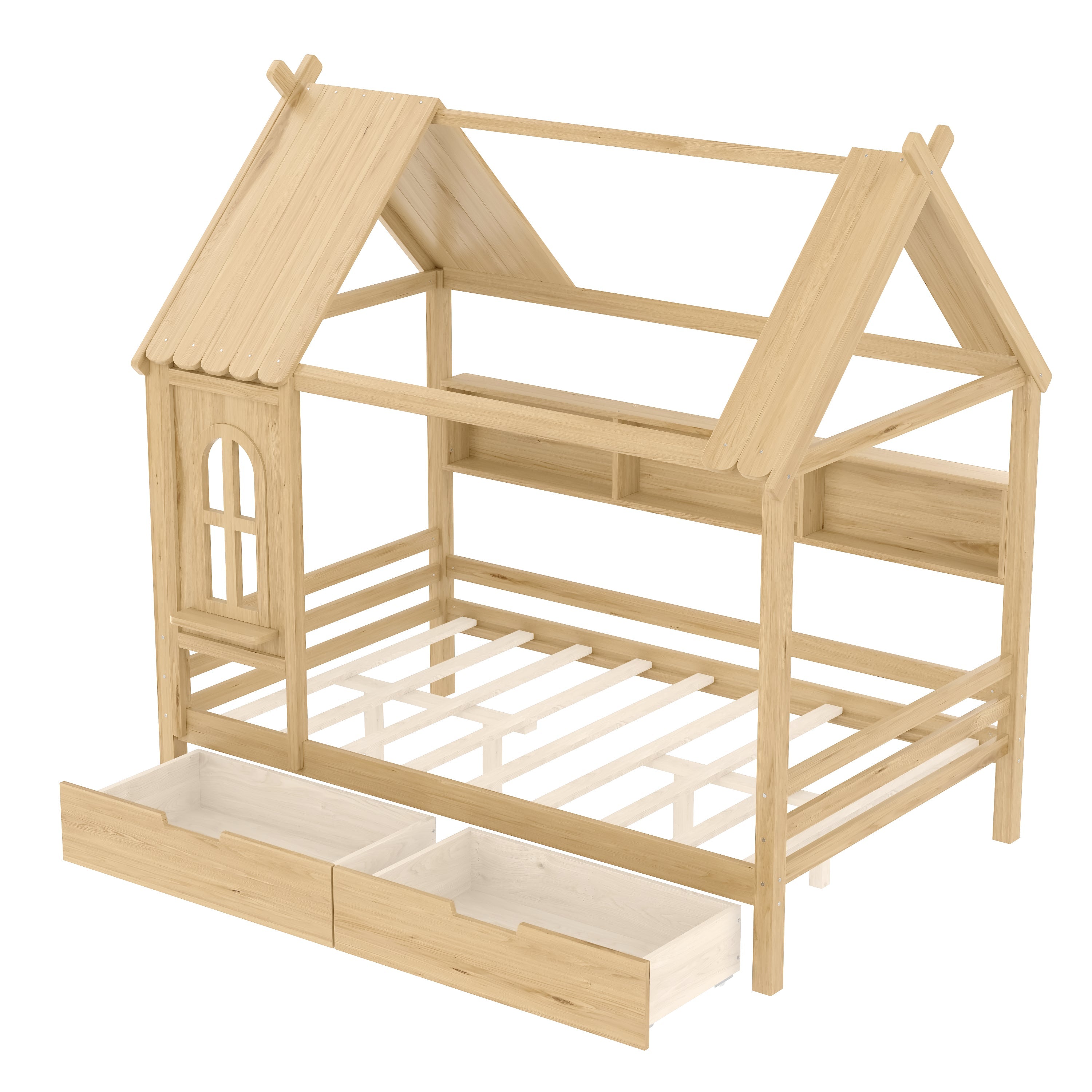 Full house Beds with Storage Drawers and Window, Solid Wood House Platform Bed Frame with shelves, for Kids, Girls, Boys, No Spring Box Needed and Childlike Design, Natural