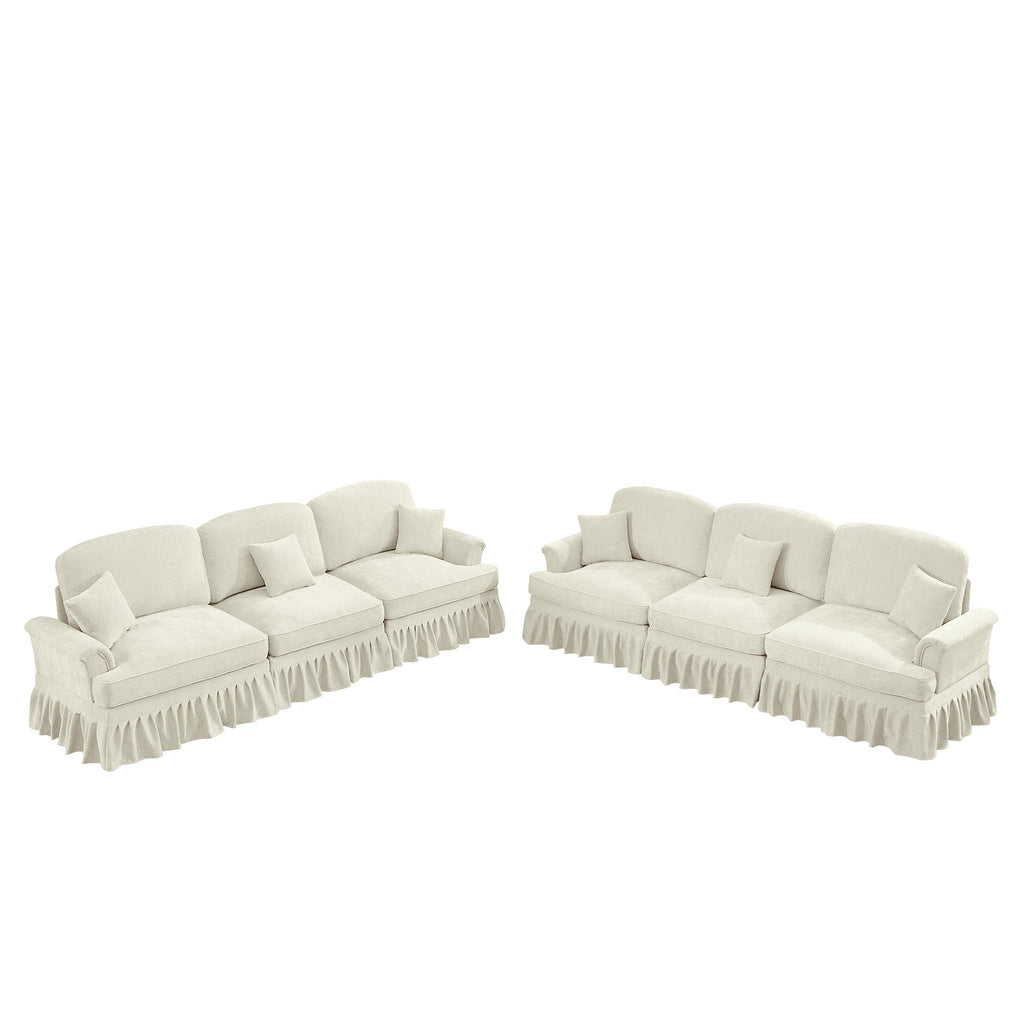 Classic 2 Piece Modular Couch Living Room Sofa Set with Flared Arms and Removable Ruffles Pleats Skirts and Spindle Legs, 3 Seater Sofa +3-Seat Loveseat Sofa Sets for Living Room, Beige White