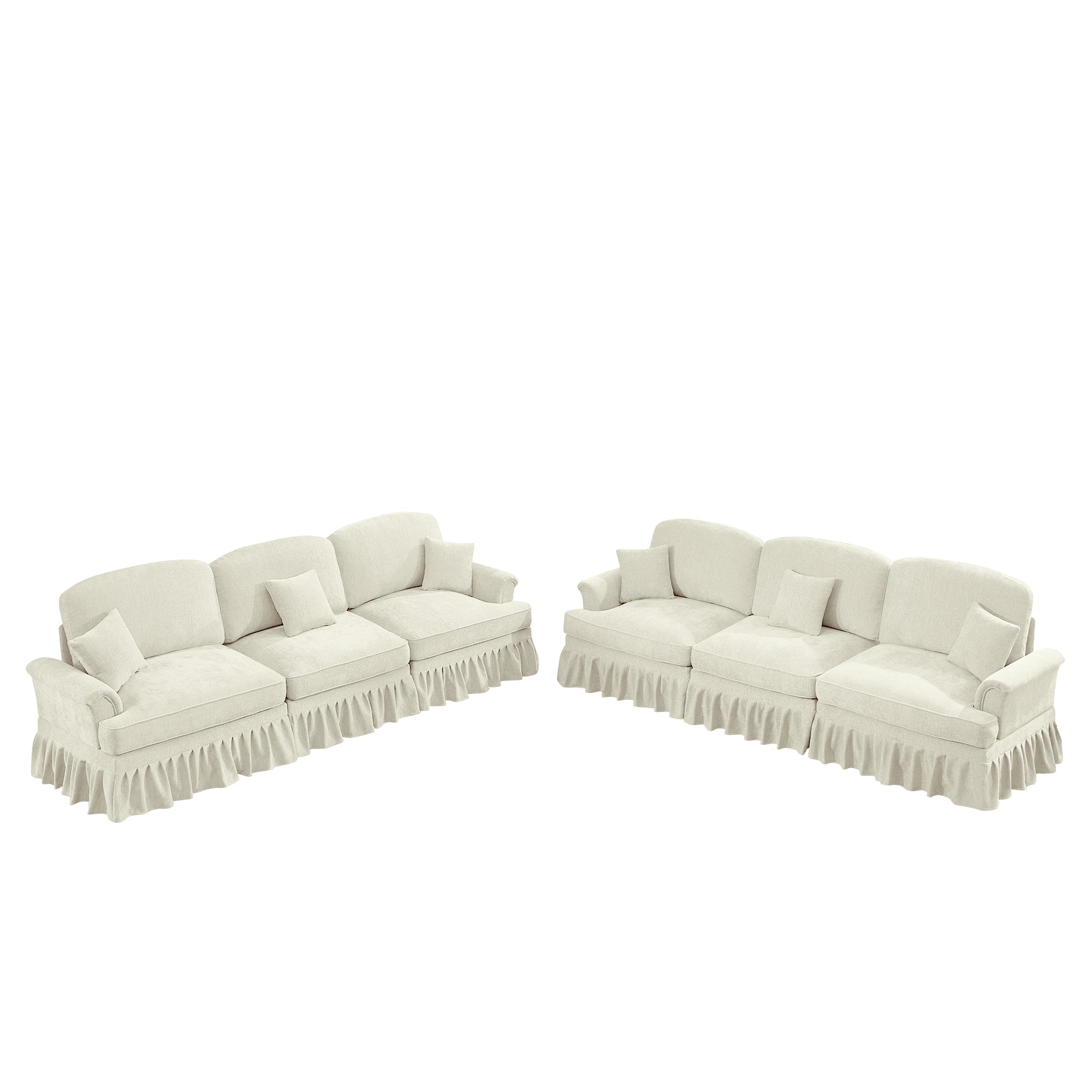 Classic 2 Piece Modular Couch Living Room Sofa Set with Flared Arms and Removable Ruffles Pleats Skirts and Spindle Legs, 3 Seater Sofa +3-Seat Loveseat Sofa Sets for Living Room, Beige White