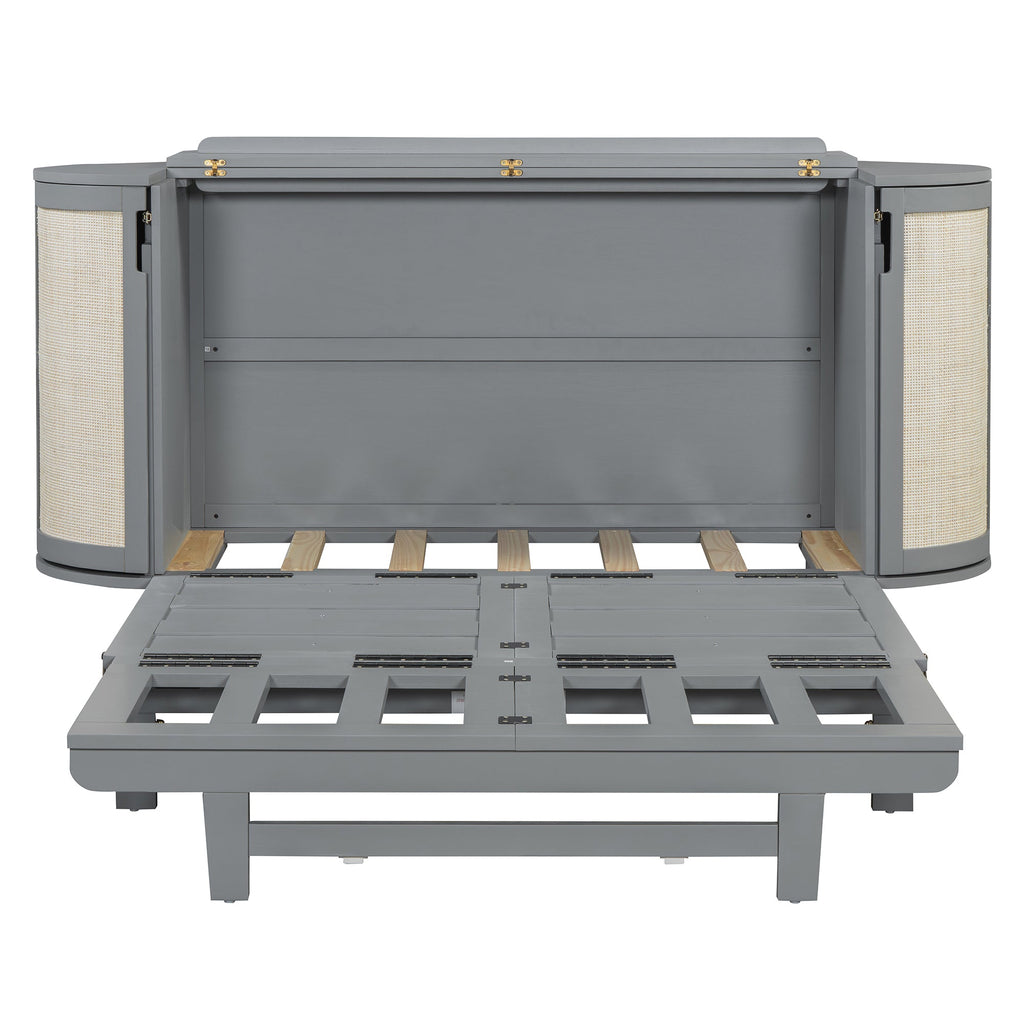 Full Murphy Bed with Hidden Storage & Modern Woven Design,Gray